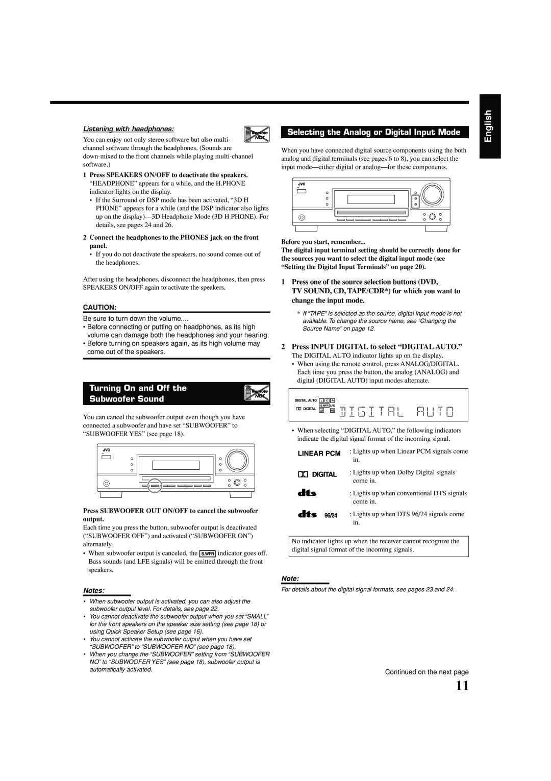 JVC LVT1290-007A manual Turning On and Off the, Subwoofer Sound, Selecting the Analog or Digital Input Mode, English 