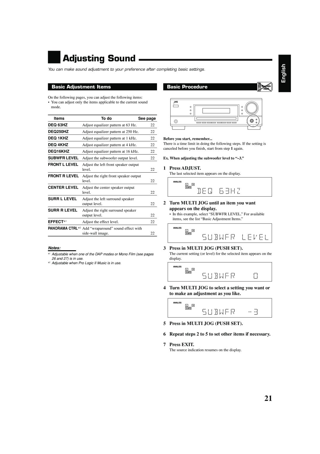 JVC LVT1290-007A manual Adjusting Sound, Basic Adjustment Items, Press ADJUST, English, Basic Procedure, 7Press EXIT 