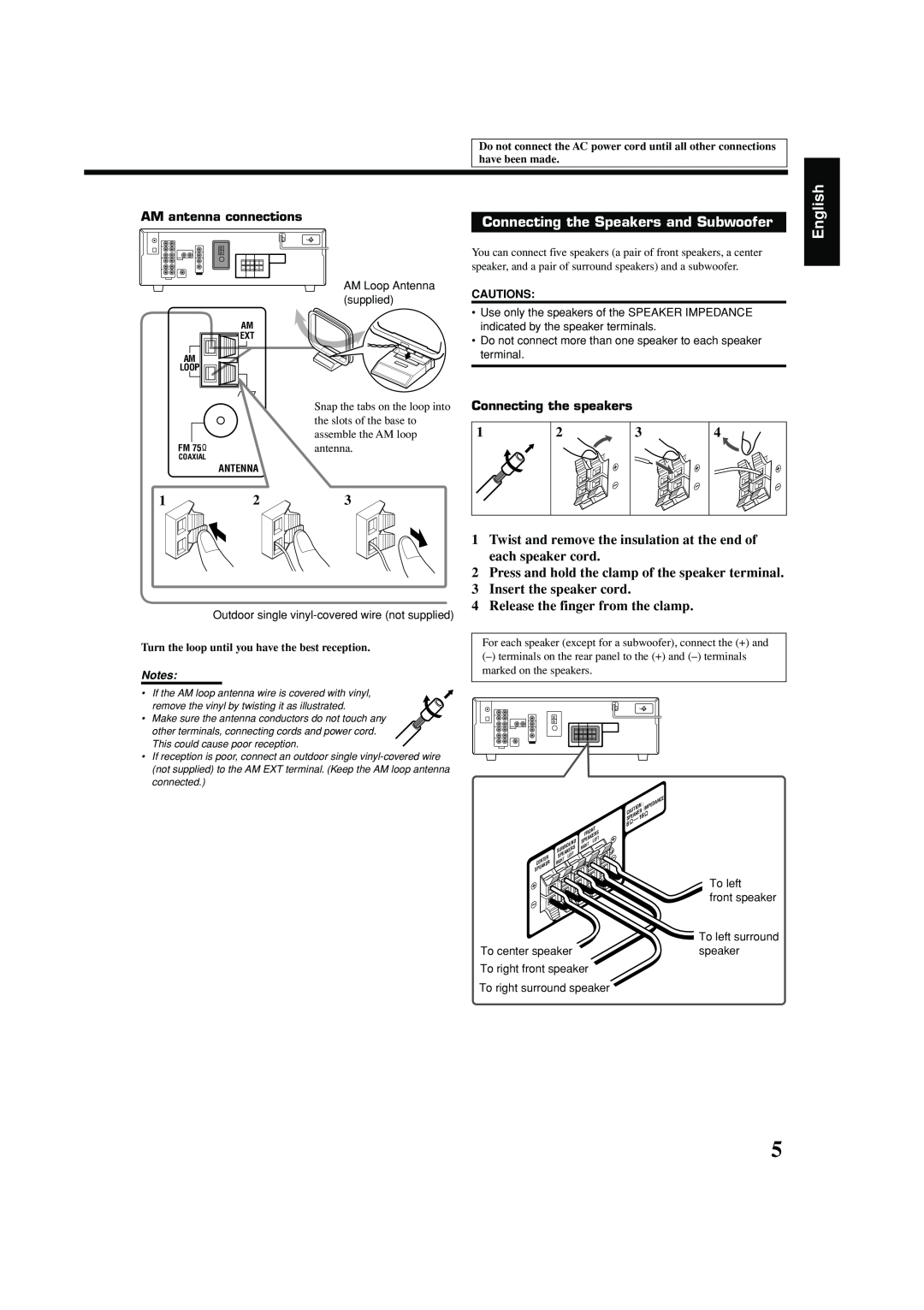 JVC LVT1290-007A manual Connecting the Speakers and Subwoofer, 2Press and hold the clamp of the speaker terminal, English 
