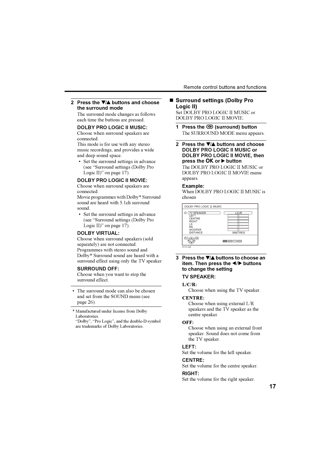 JVC 0204-T-CR-JMUK manual „ Surround settings Dolby Pro Logic 