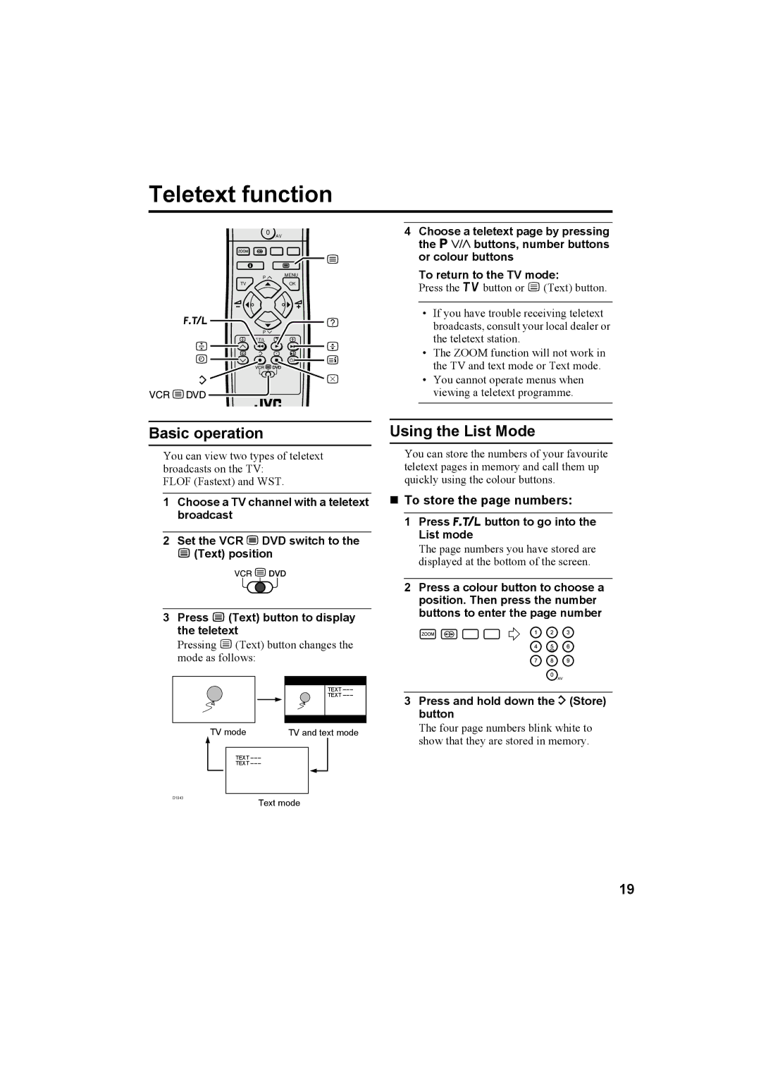 JVC 0204-T-CR-JMUK manual Teletext function, Basic operation, Using the List Mode, „ To store the page numbers 