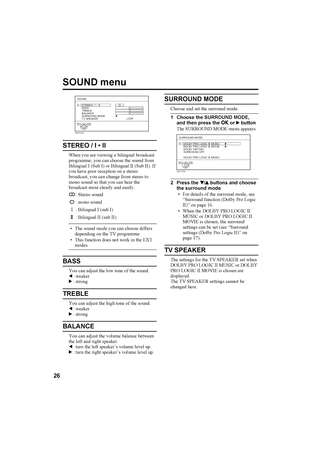 JVC 0204-T-CR-JMUK manual Sound menu 