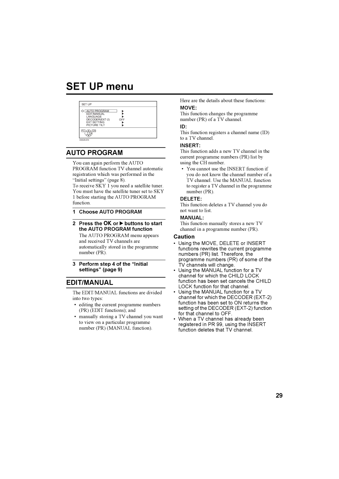 JVC 0204-T-CR-JMUK manual SET UP menu, Auto Program, Edit/Manual 