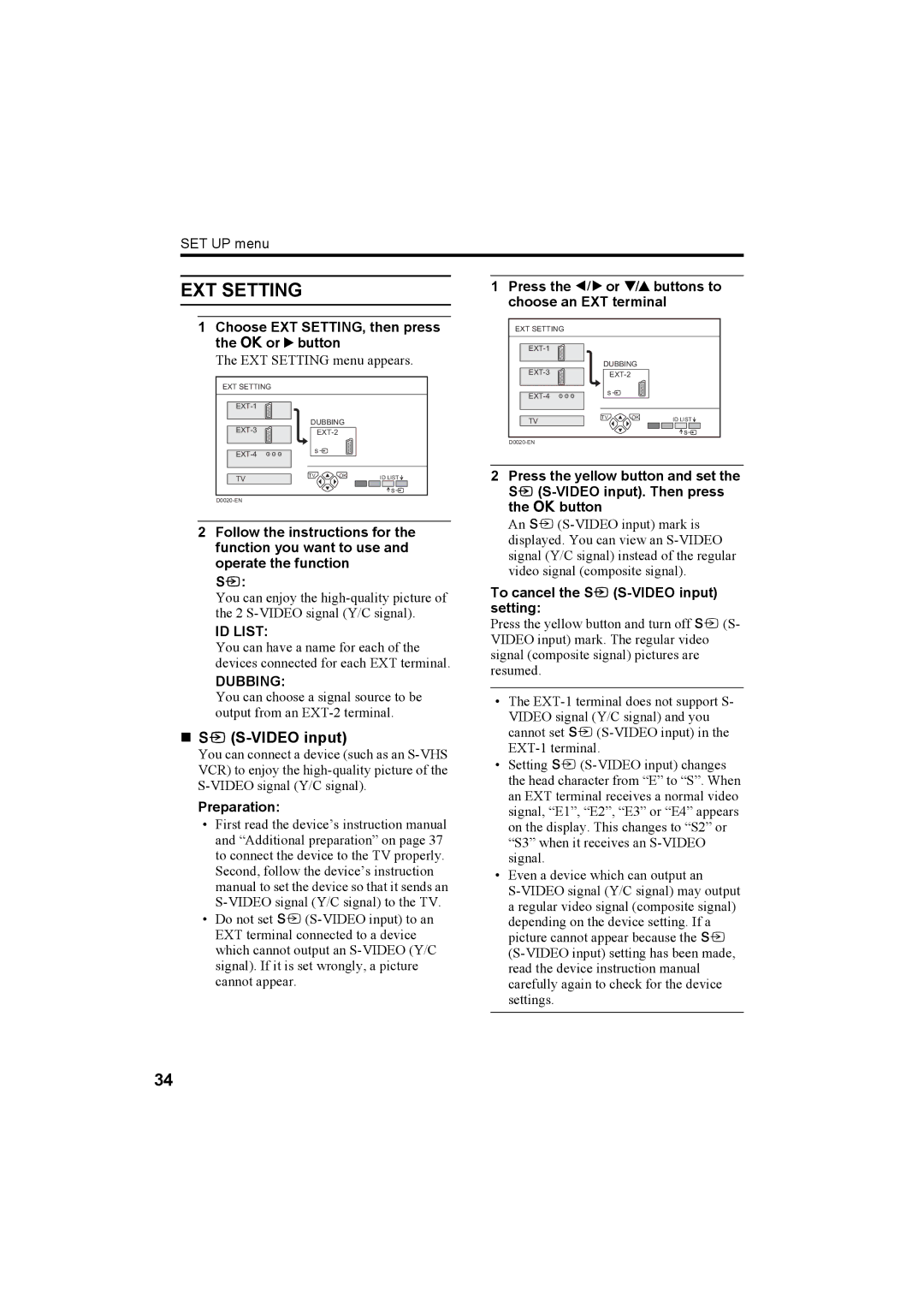 JVC 0204-T-CR-JMUK manual EXT Setting, „ y S-VIDEO input, ID List, Dubbing 