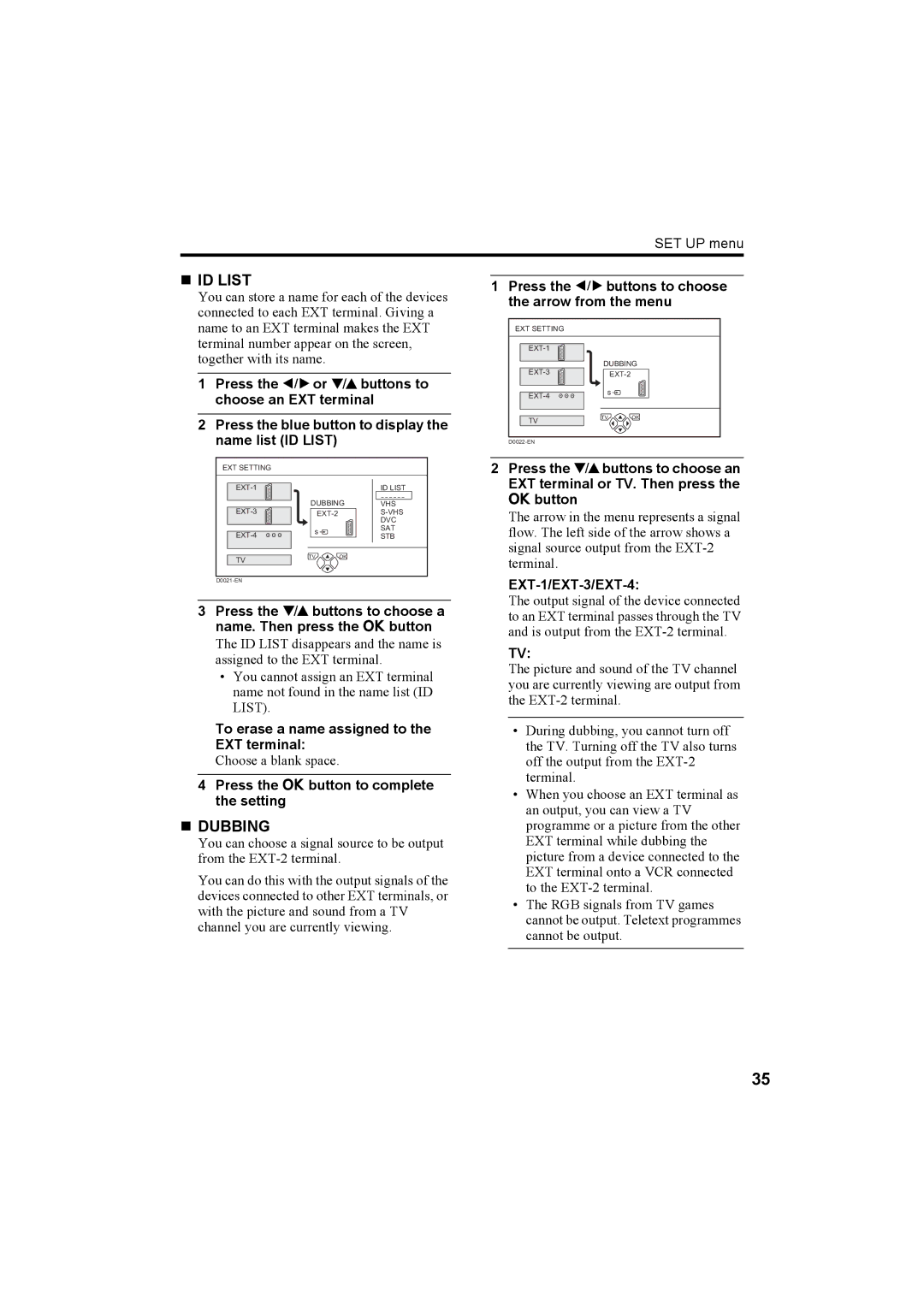 JVC 0204-T-CR-JMUK manual „ ID List, „ Dubbing, To erase a name assigned to the EXT terminal, EXT-1/EXT-3/EXT-4 