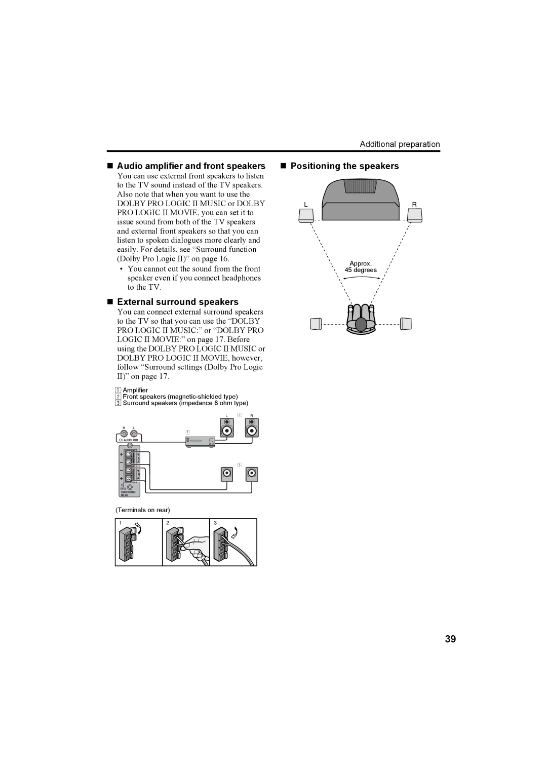 JVC 0204-T-CR-JMUK manual „ Audio amplifier and front speakers, „ External surround speakers, „ Positioning the speakers 