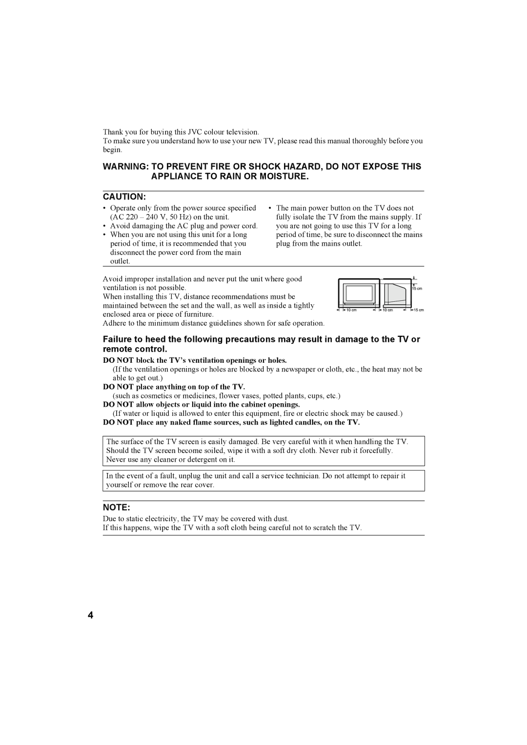 JVC 0204-T-CR-JMUK manual Do not place anything on top of the TV 