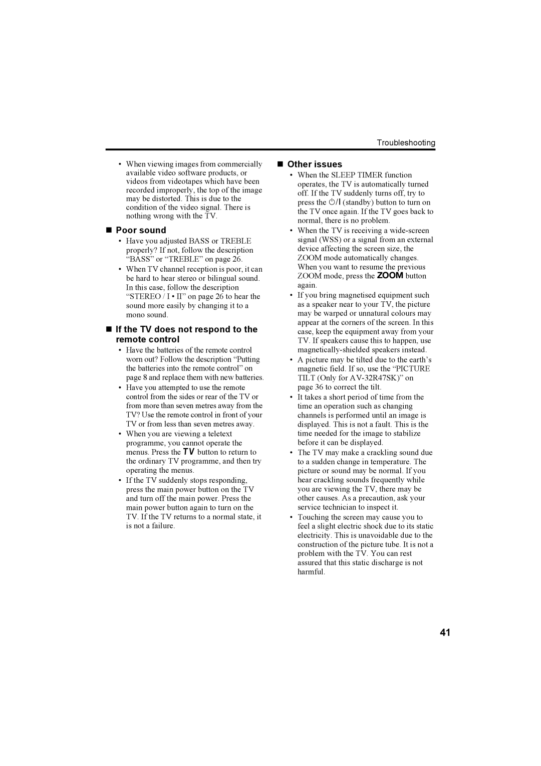 JVC 0204-T-CR-JMUK manual „ Poor sound, „ If the TV does not respond to the remote control, „ Other issues 