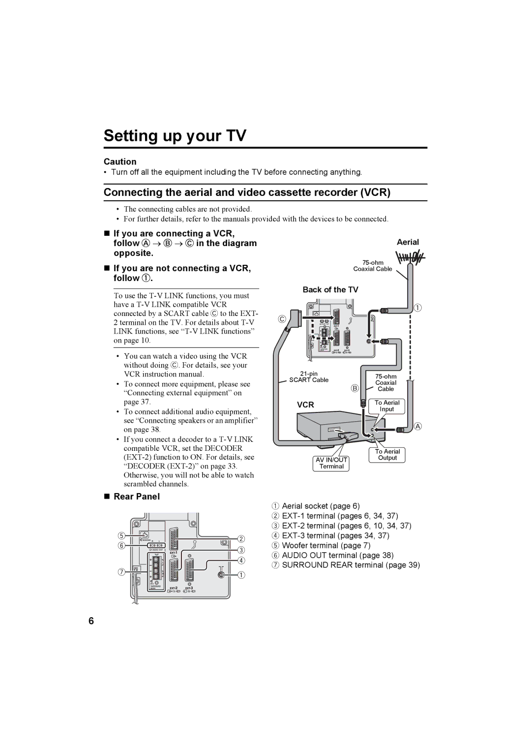 JVC 0204-T-CR-JMUK manual Setting up your TV, Connecting the aerial and video cassette recorder VCR, „ Rear Panel, Vcr 