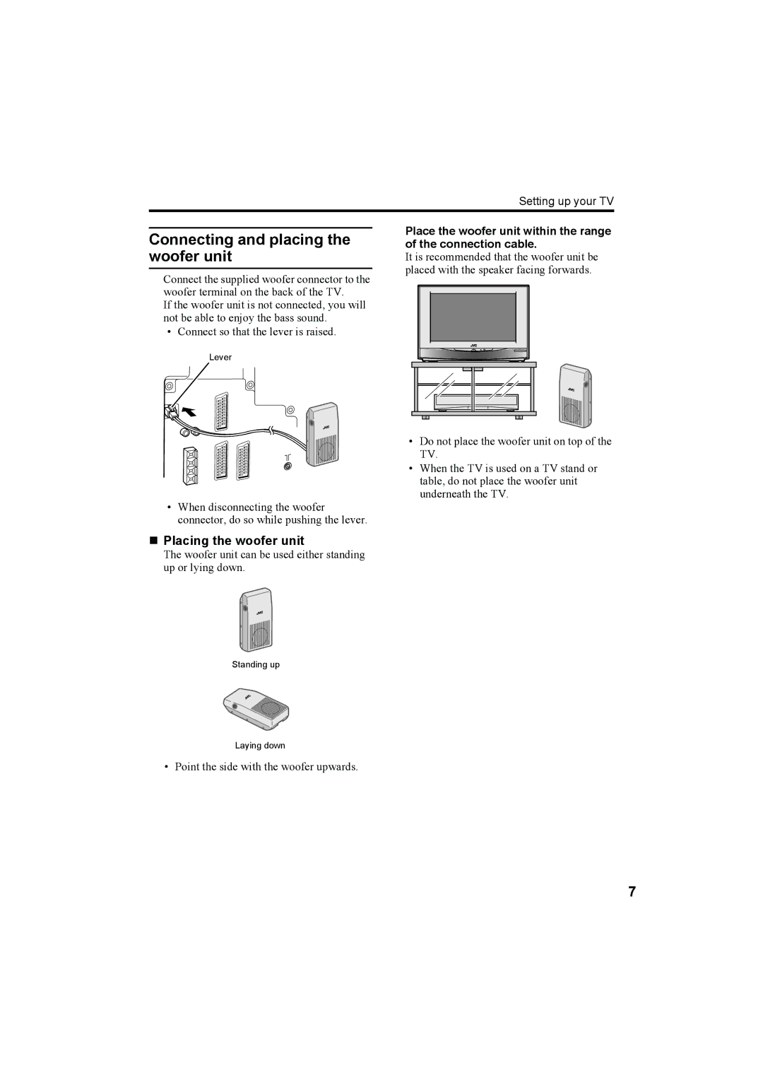 JVC 0204-T-CR-JMUK manual Connecting and placing the woofer unit, „ Placing the woofer unit 