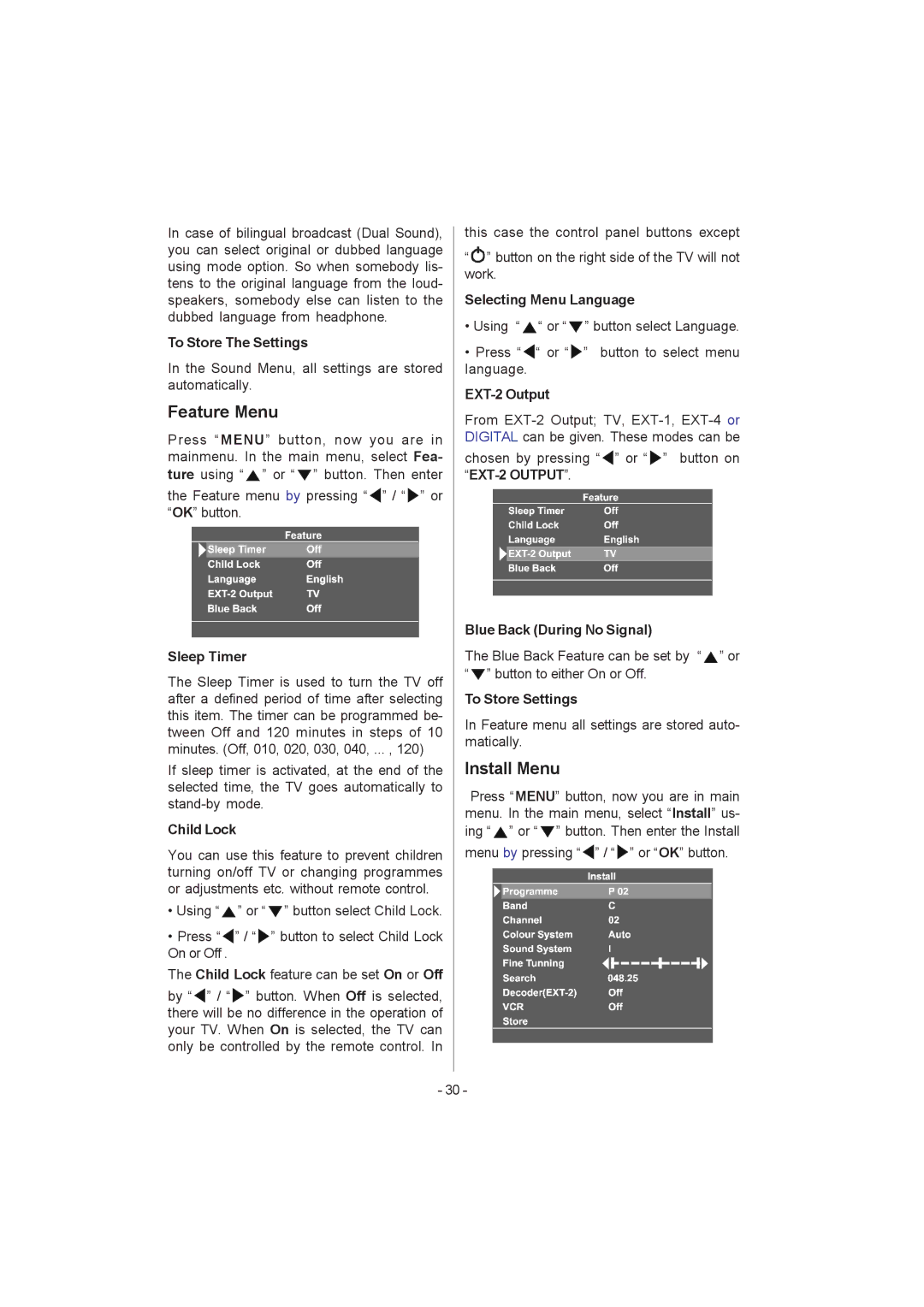 JVC 0205MKH-VT-VT manual Feature Menu, Install Menu 