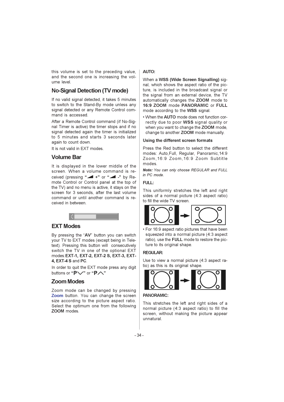 JVC 0205MKH-VT-VT manual No-Signal Detection TV mode, Volume Bar, EXT Modes, Zoom Modes 