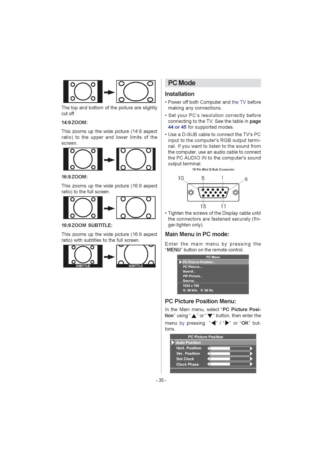 JVC 0205MKH-VT-VT manual PC Mode, Main Menu in PC mode, PC Picture Position Menu, Zoom Subtitle 