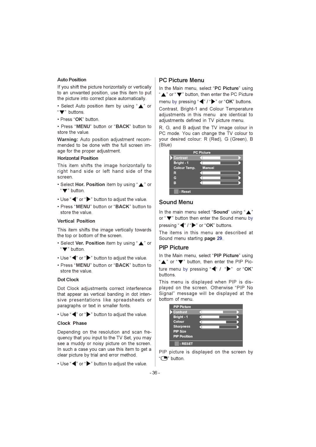 JVC 0205MKH-VT-VT manual PC Picture Menu, PIP Picture 