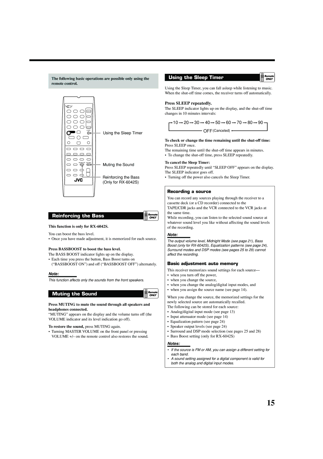 JVC LVT1140-007A, 0404RYMMDWJEIN manual Using the Sleep Timer, Reinforcing the Bass, Muting the Sound, Recording a source 