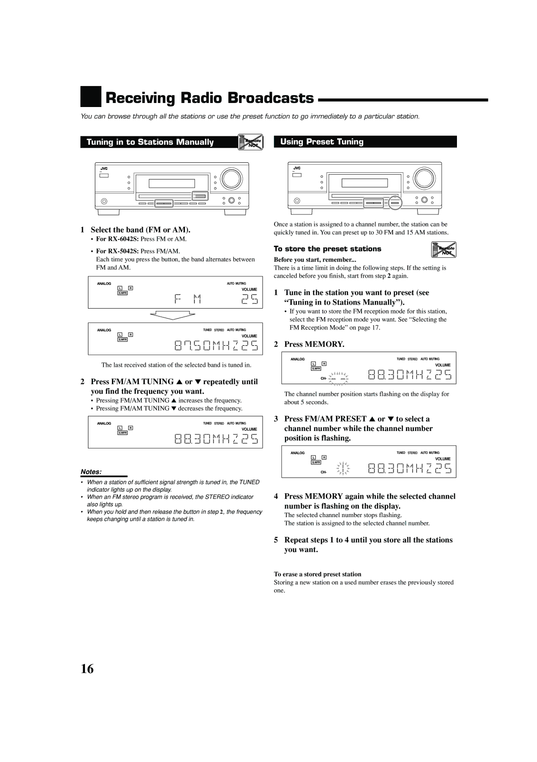 JVC 0404RYMMDWJEIN manual Receiving Radio Broadcasts, Tuning in to Stations Manually, Using Preset Tuning, Press Memory 