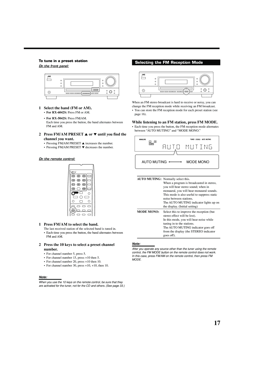 JVC LVT1140-007A, 0404RYMMDWJEIN manual Press FM/AM to select the band, Press the 10 keys to select a preset channel number 