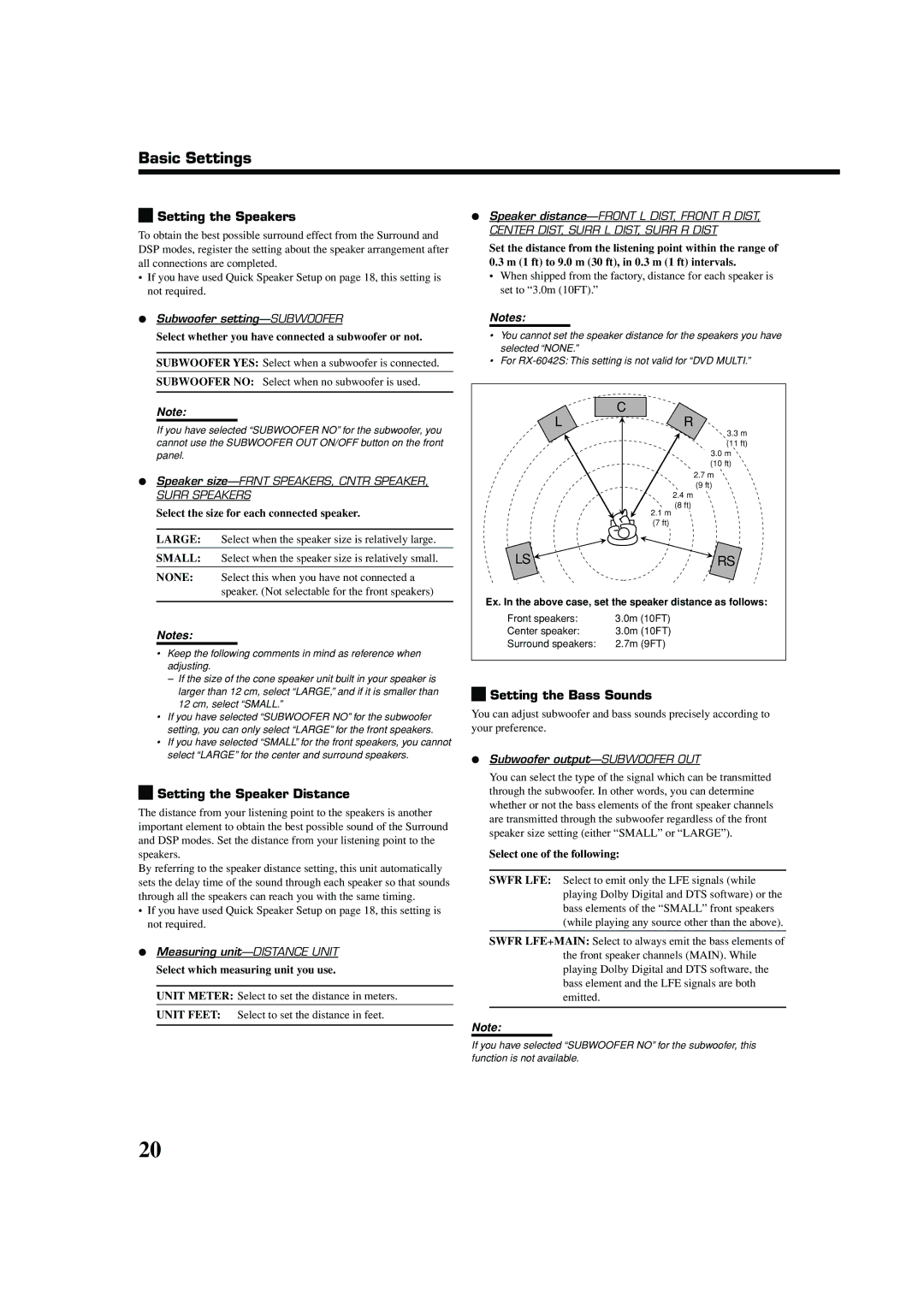 JVC 0404RYMMDWJEIN manual Basic Settings, Setting the Speakers, Setting the Speaker Distance, Setting the Bass Sounds 