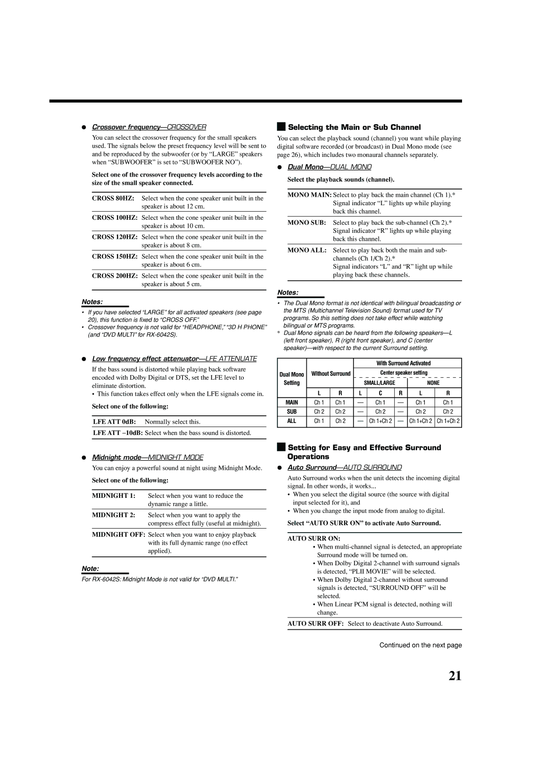 JVC LVT1140-007A, 0404RYMMDWJEIN Selecting the Main or Sub Channel, Setting for Easy and Effective Surround Operations 