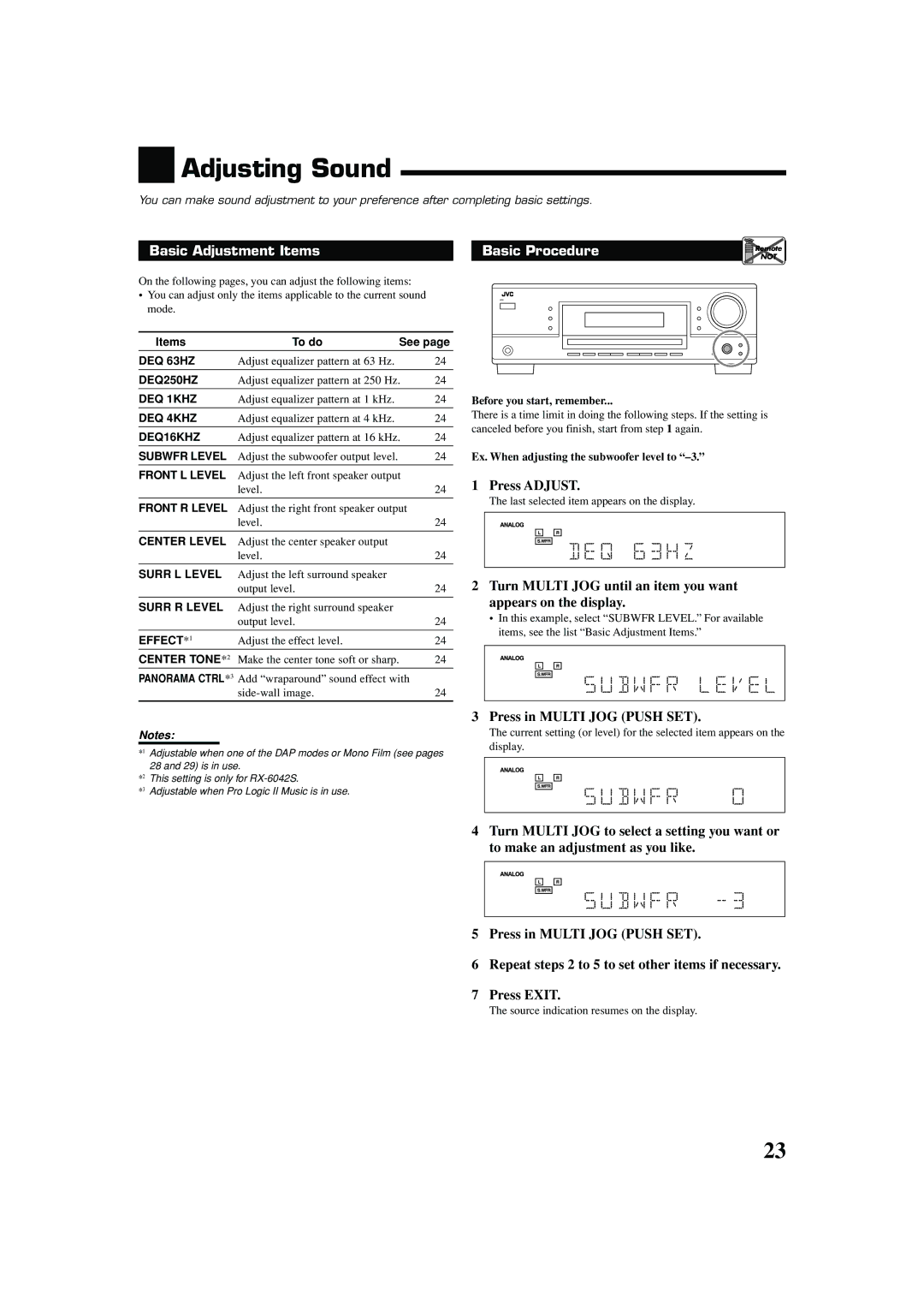 JVC LVT1140-007A manual Adjusting Sound, Basic Adjustment Items, Press Adjust, Ex. When adjusting the subwoofer level to 