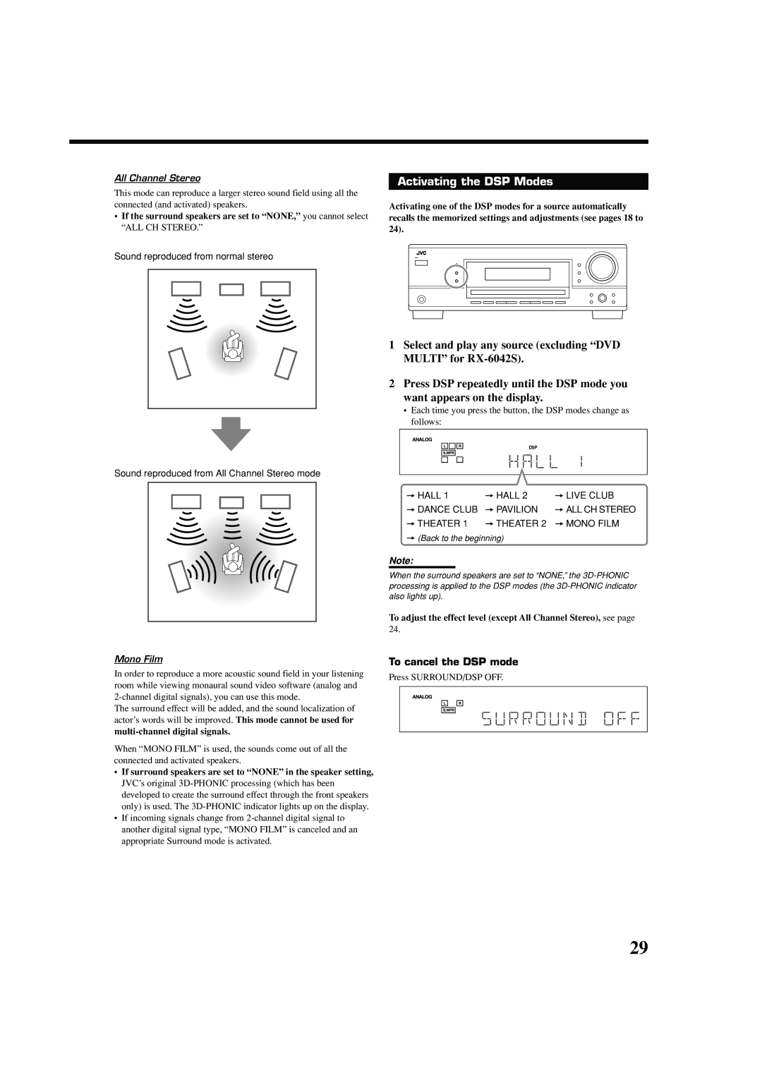 JVC LVT1140-007A, 0404RYMMDWJEIN manual Activating the DSP Modes, To cancel the DSP mode, Multi-channel digital signals 