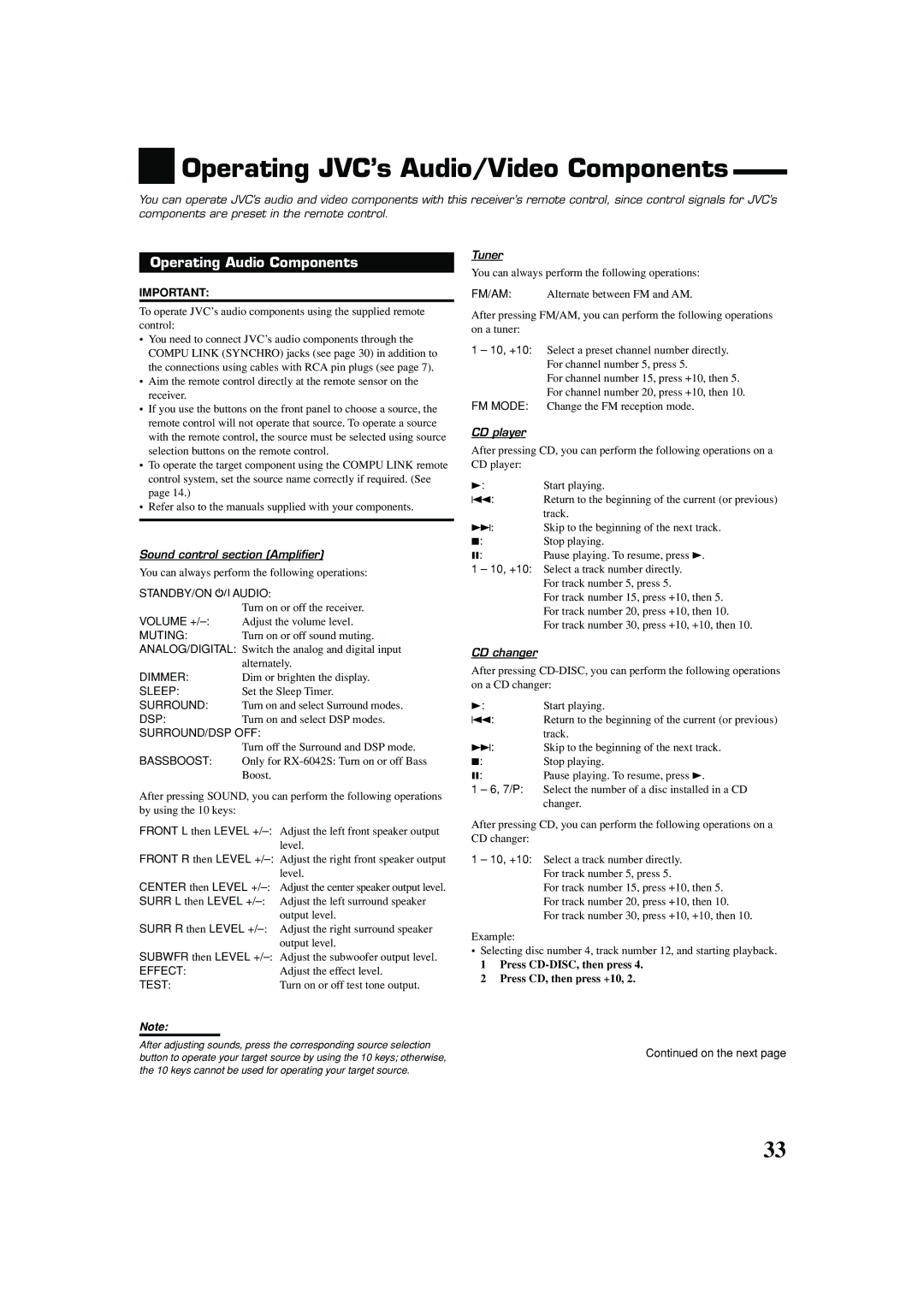 JVC LVT1140-007A, 0404RYMMDWJEIN manual Operating JVC’s Audio/Video Components, Operating Audio Components 