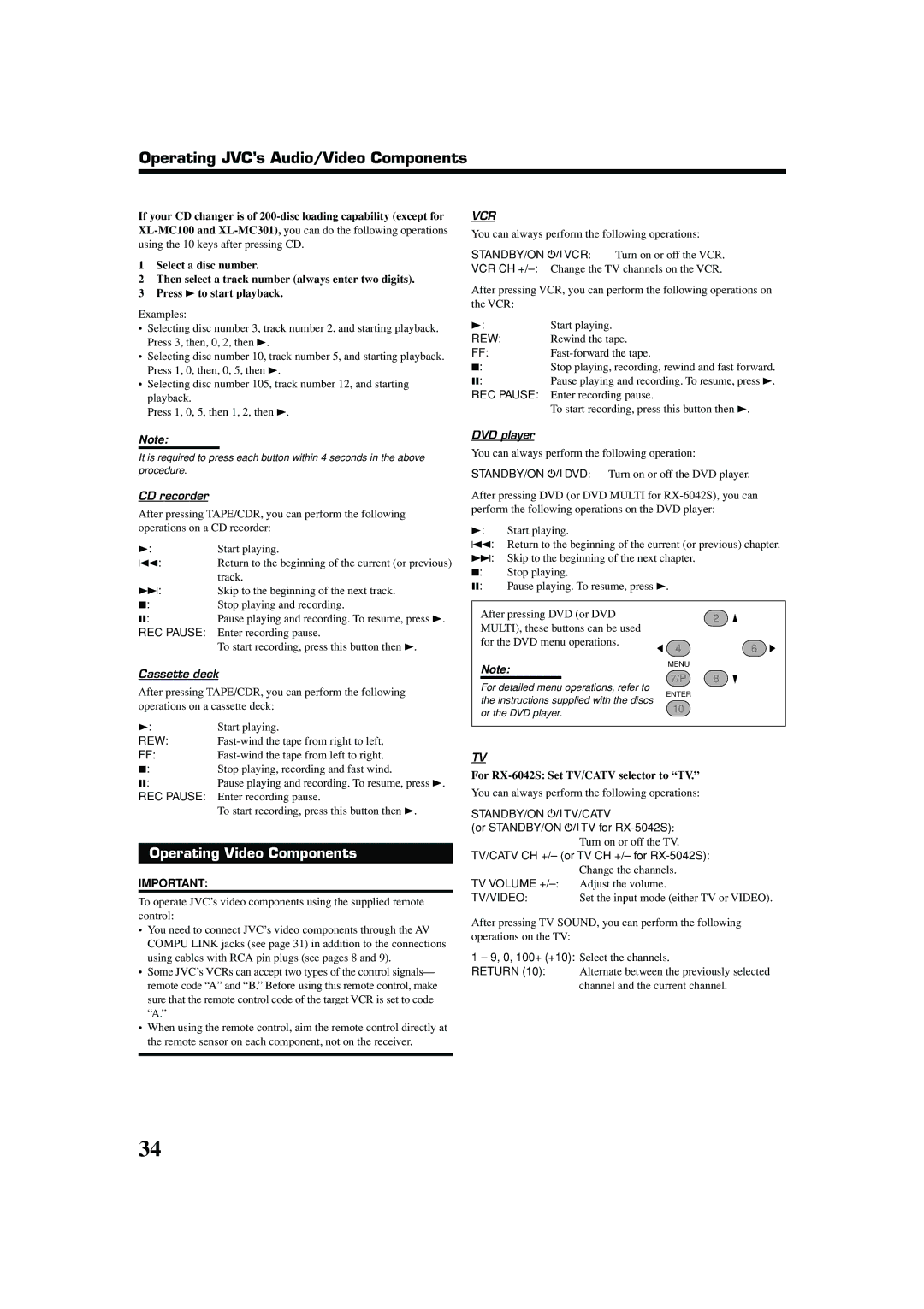 JVC 0404RYMMDWJEIN, LVT1140-007A manual Operating JVC’s Audio/Video Components, Operating Video Components 