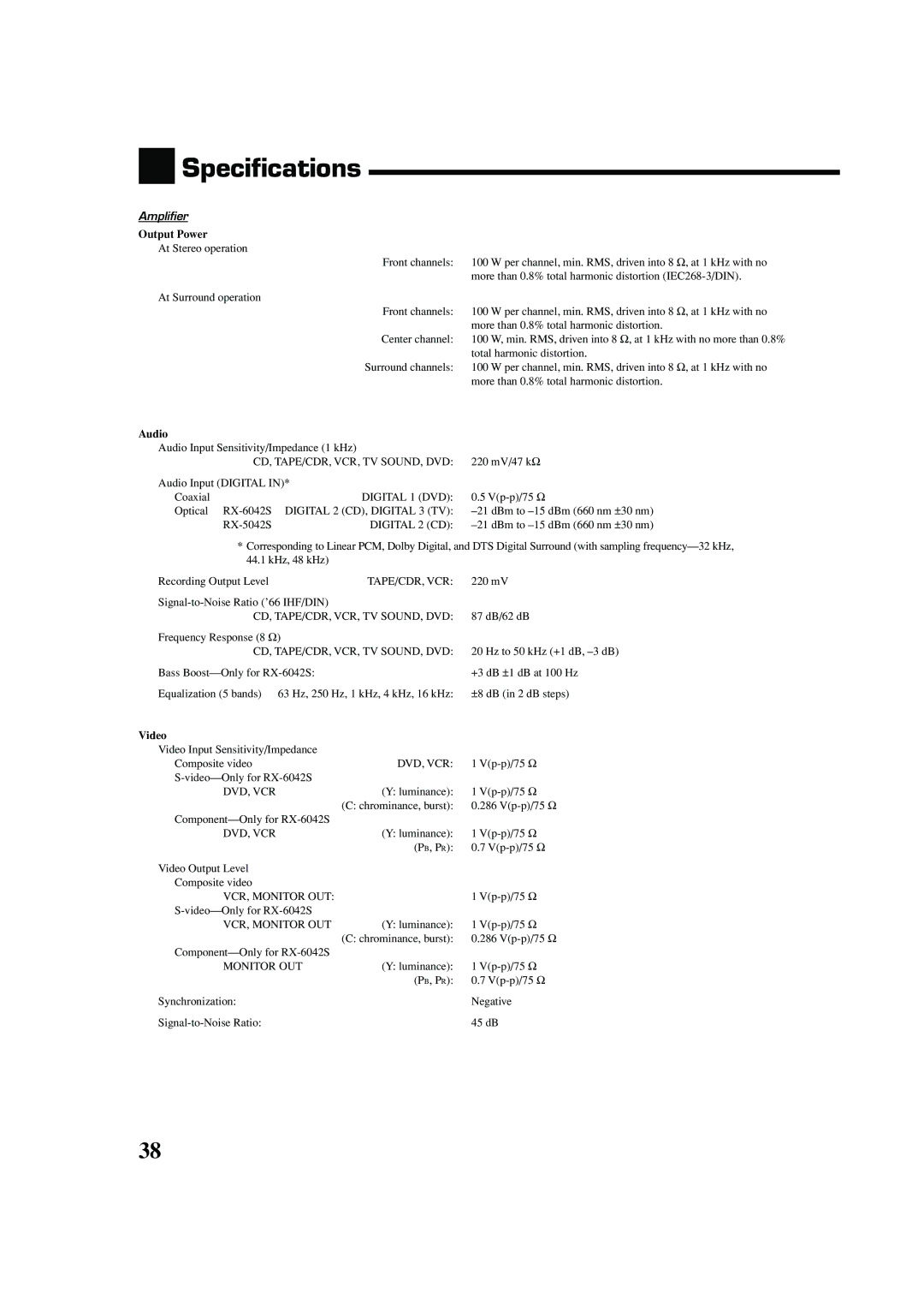 JVC 0404RYMMDWJEIN, LVT1140-007A manual Specifications, Amplifier, Output Power, Audio, Video 