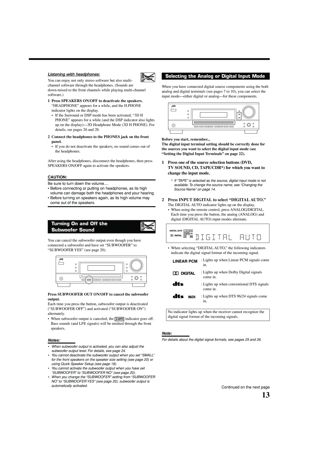 JVC LVT1140-007A, 0404RYMMDWJEIN manual Turning On and Off the, Subwoofer Sound, Selecting the Analog or Digital Input Mode 