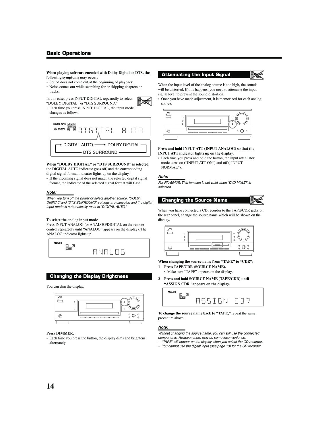 JVC 0404RYMMDWJEIN, LVT1140-007A Attenuating the Input Signal, Changing the Display Brightness, Changing the Source Name 