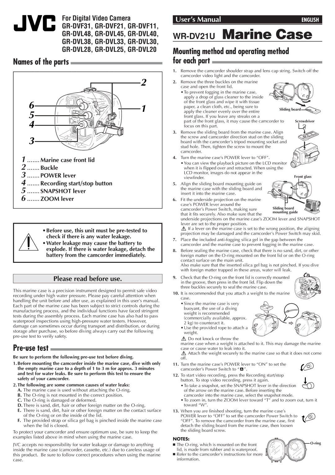 JVC 0899FOV*UN*AP user manual WR-DV21UMarine Case, Names of the parts, Pre-use test, Please read before use 