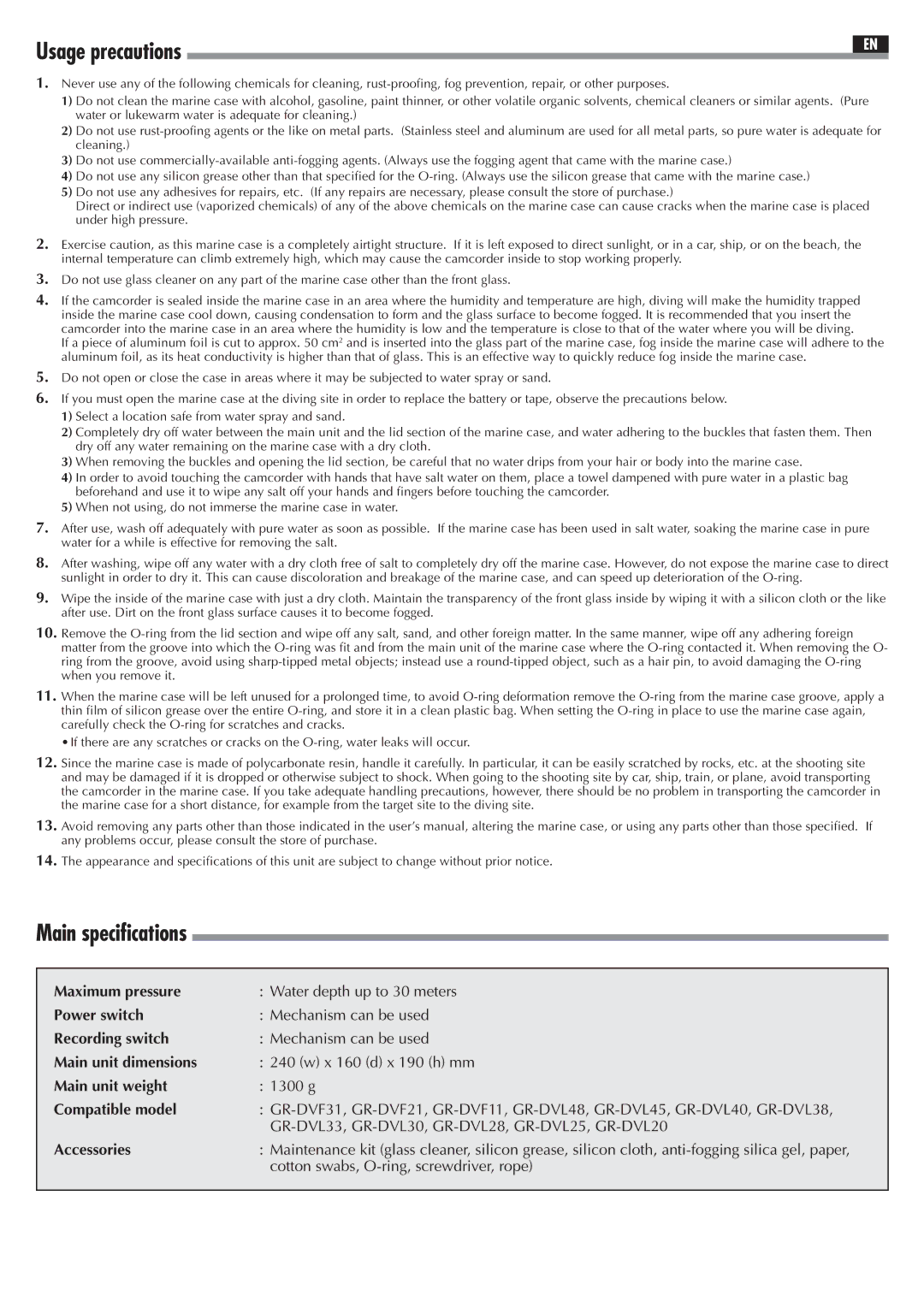 JVC 0899FOV*UN*AP, WR-DV21U user manual Usage precautions, Main specifications 