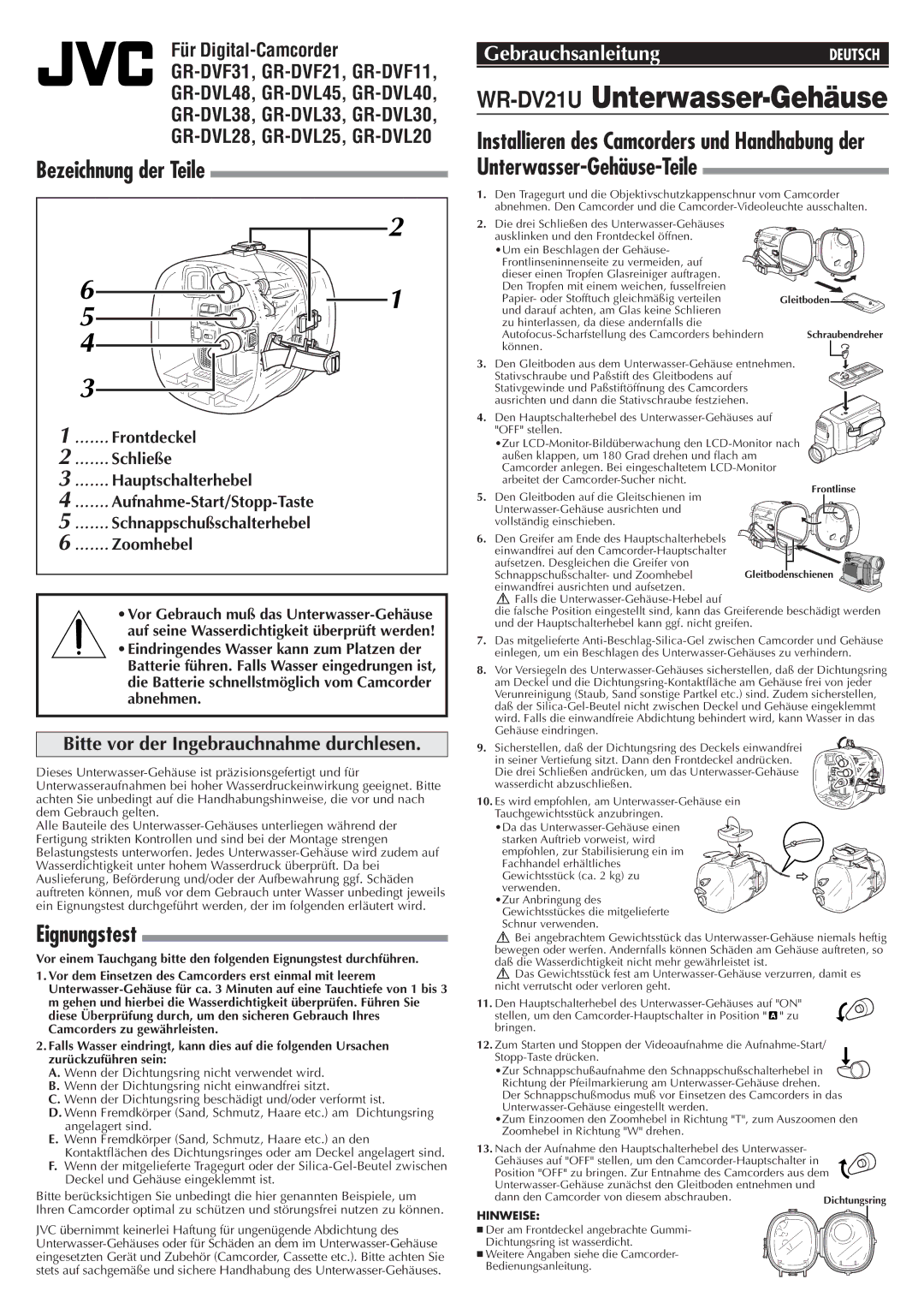 JVC WR-DV21U, 0899FOV*UN*AP user manual Bezeichnung der Teile, Eignungstest, Bitte vor der Ingebrauchnahme durchlesen 