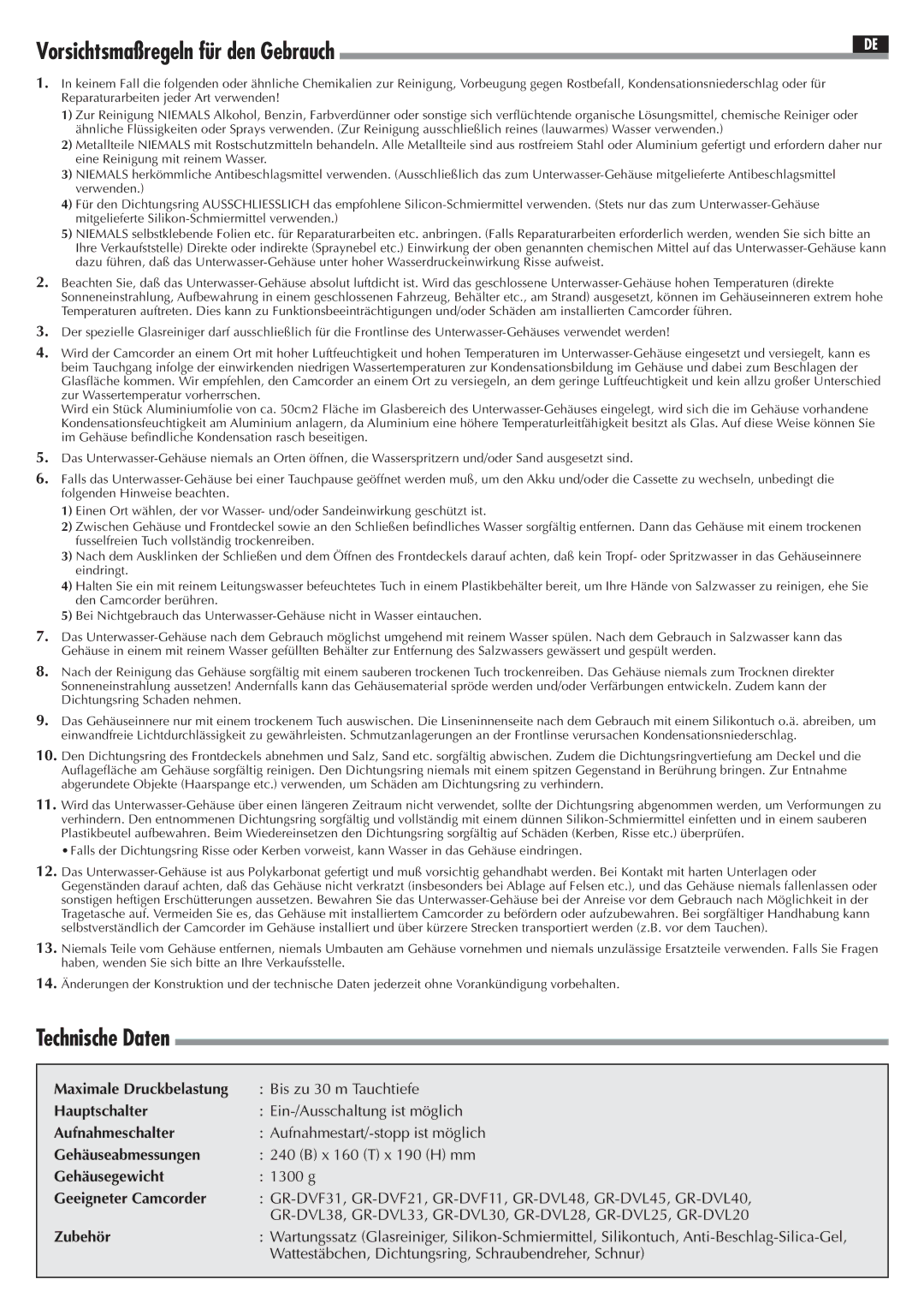 JVC 0899FOV*UN*AP, WR-DV21U user manual Vorsichtsmaßregeln für den Gebrauch, Technische Daten 