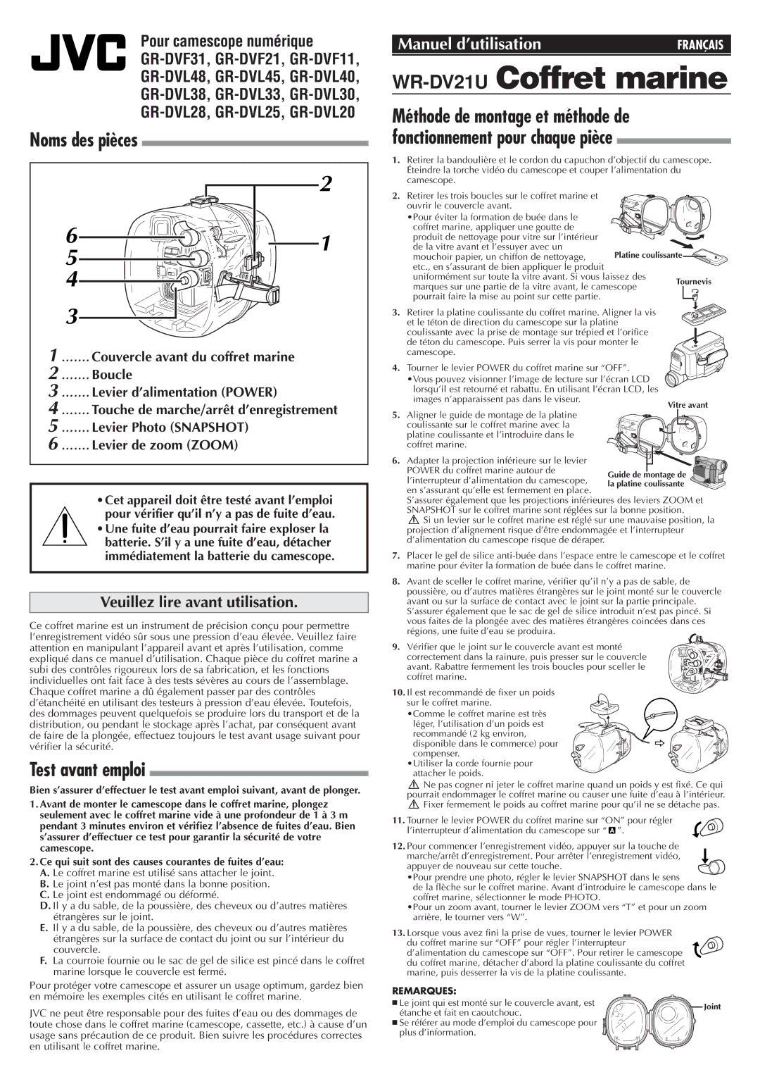 JVC 0899FOV*UN*AP WR-DV21UCoffret marine, Noms des pièces, Test avant emploi, Veuillez lire avant utilisation 