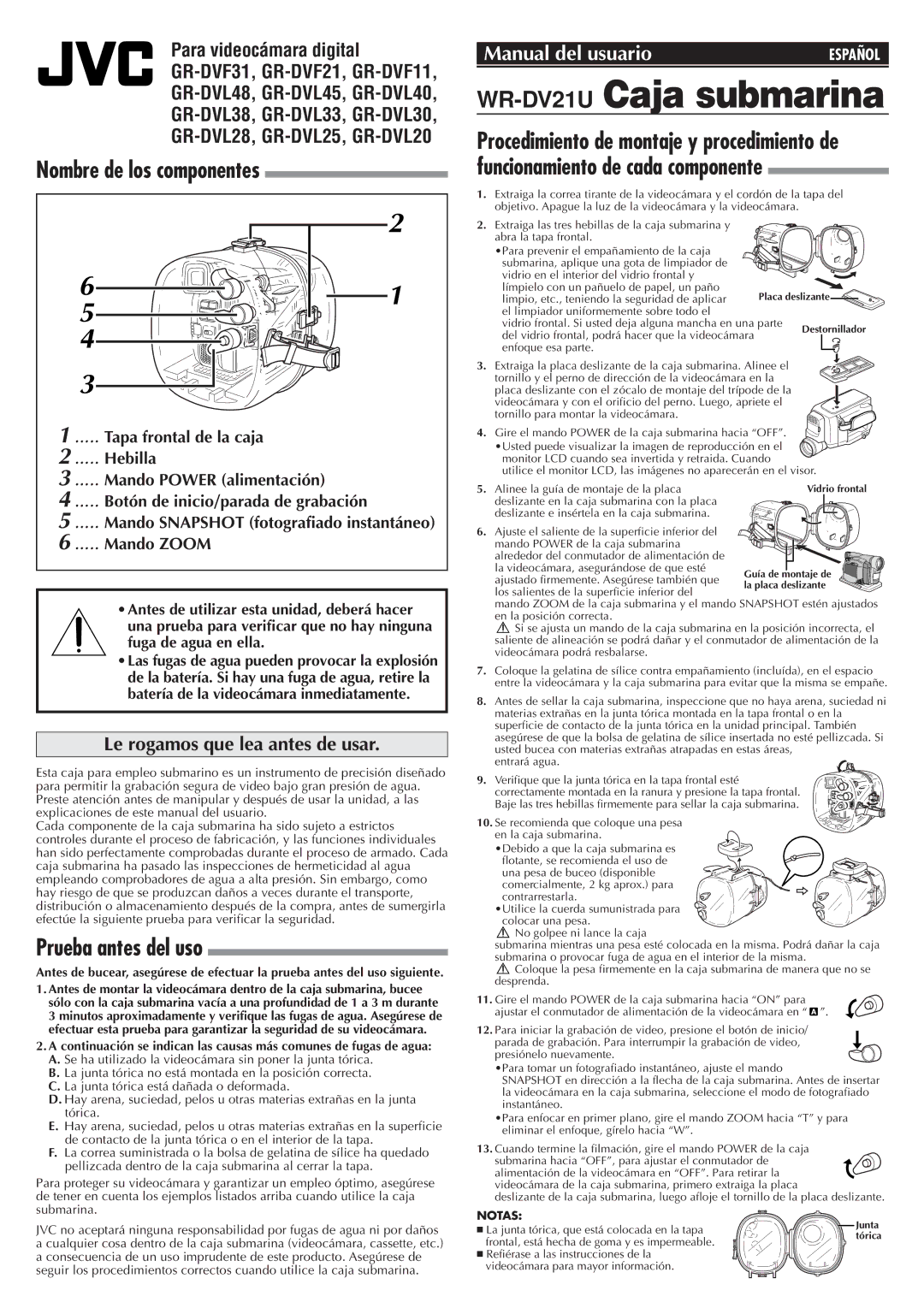 JVC WR-DV21UCaja submarina, Nombre de los componentes, Prueba antes del uso, Le rogamos que lea antes de usar 