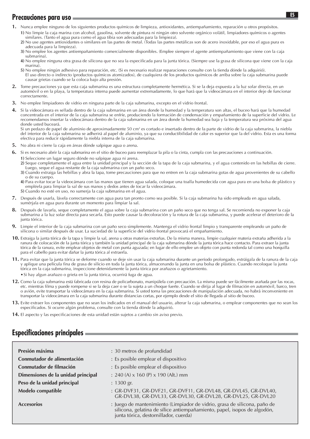 JVC 0899FOV*UN*AP, WR-DV21U user manual Precauciones para uso, Especificaciones principales 