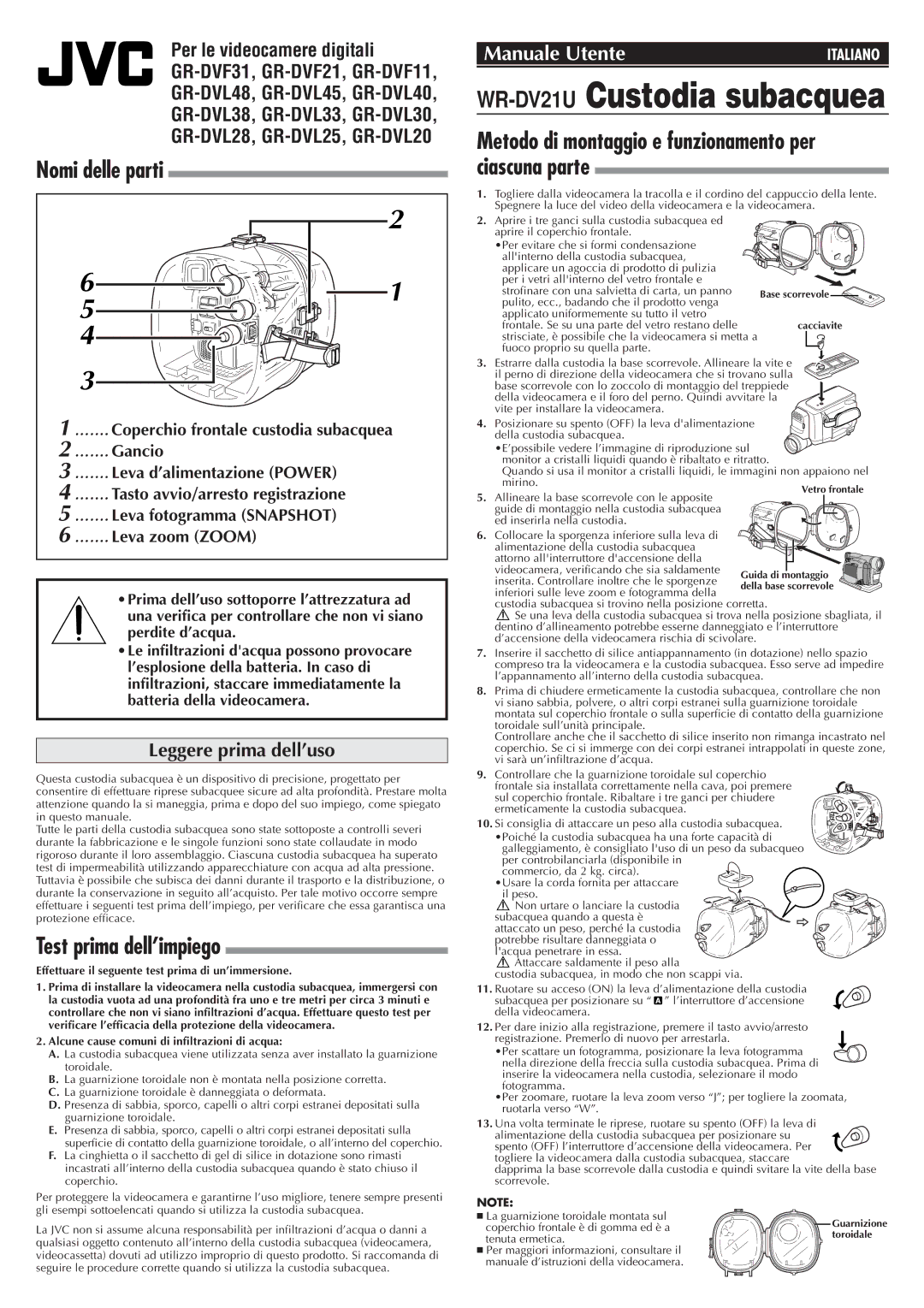 JVC WR-DV21U, 0899FOV*UN*AP user manual Nomi delle parti, Test prima dell’impiego, Leggere prima dell’uso 