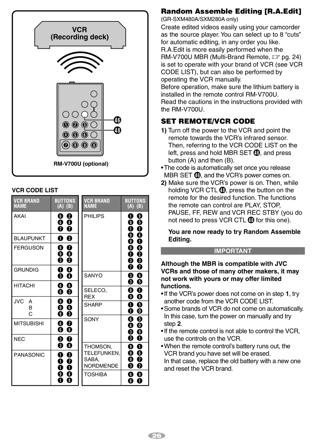 JVC 1001MKV*UN*SN, LYT0868-001B manual Vcr, Recording deck, Random Assemble Editing R.A.Edit, SET REMOTE/VCR Code 