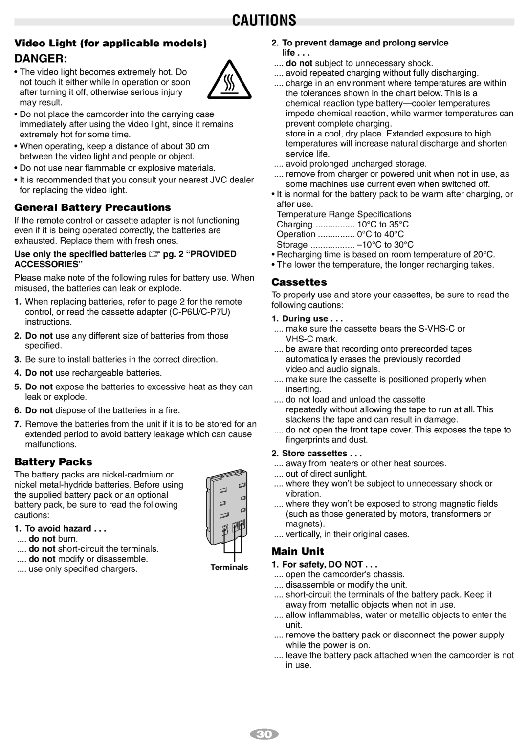 JVC 1001MKV*UN*SN Video Light for applicable models, General Battery Precautions, Battery Packs, Cassettes, Main Unit 