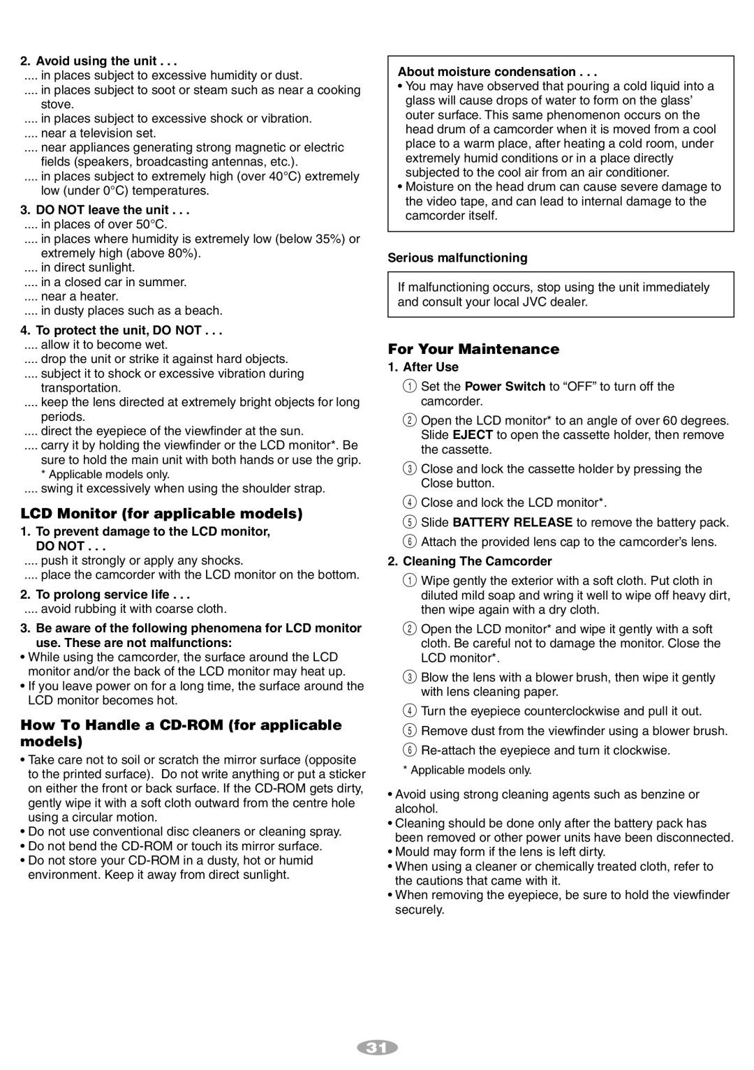 JVC LYT0868-001B LCD Monitor for applicable models, How To Handle a CD-ROM for applicable models, For Your Maintenance 