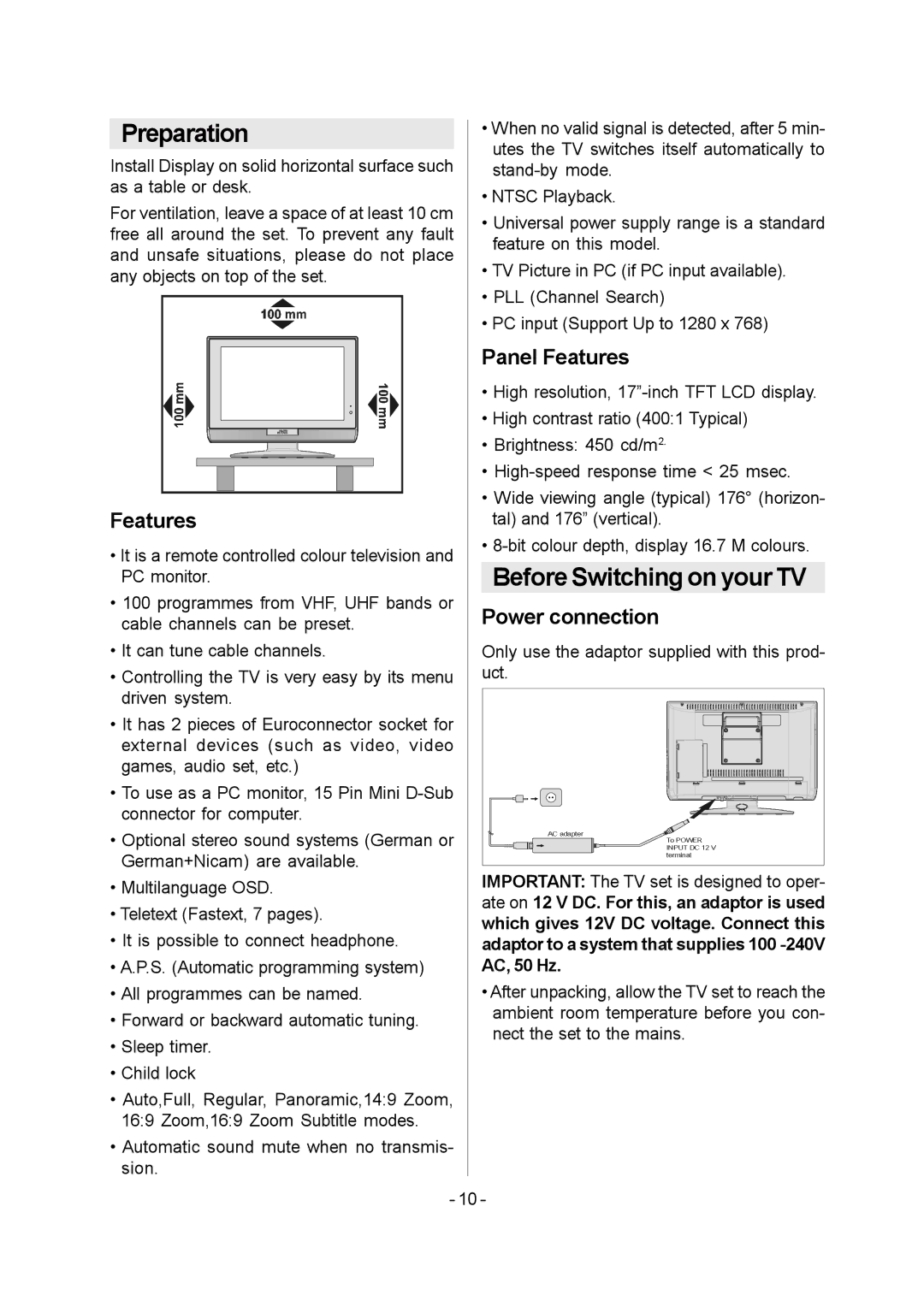 JVC 1004MKH-VT-VT manual Preparation, Before Switching on your TV, Panel Features, Power connection 