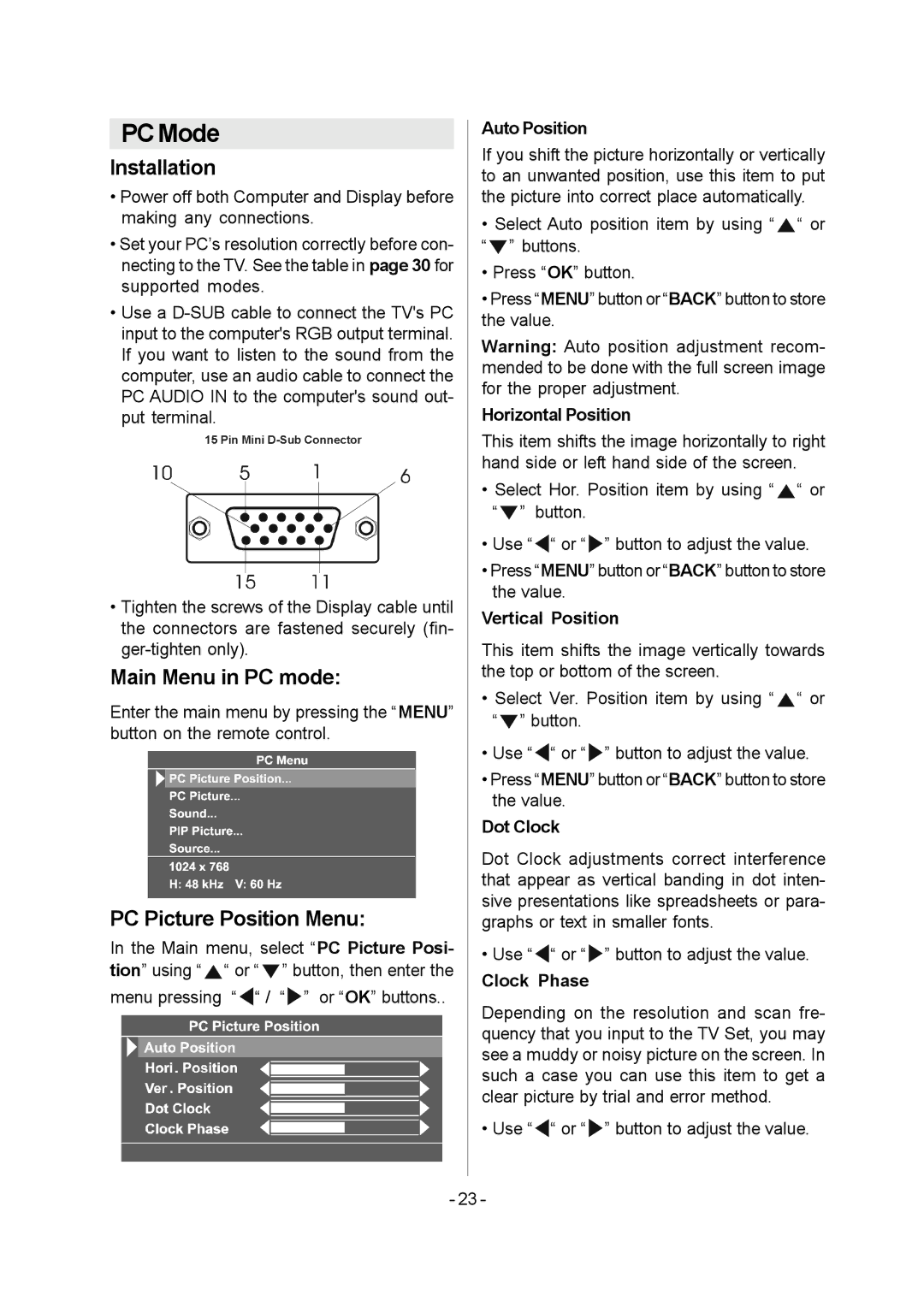 JVC 1004MKH-VT-VT manual PC Mode, Installation, Main Menu in PC mode, PC Picture Position Menu 