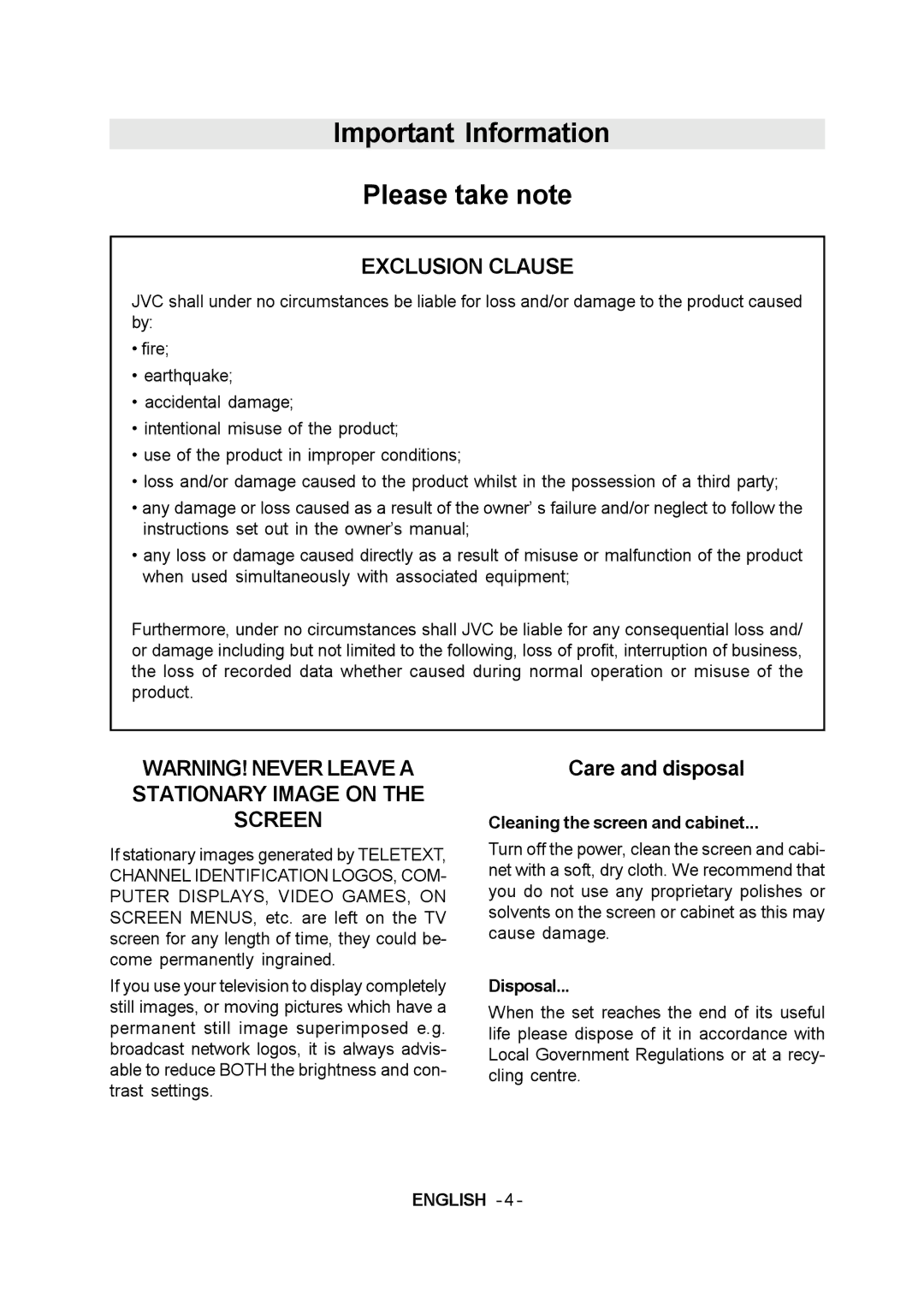 JVC 1004MKH-VT-VT manual Important Information Please take note 