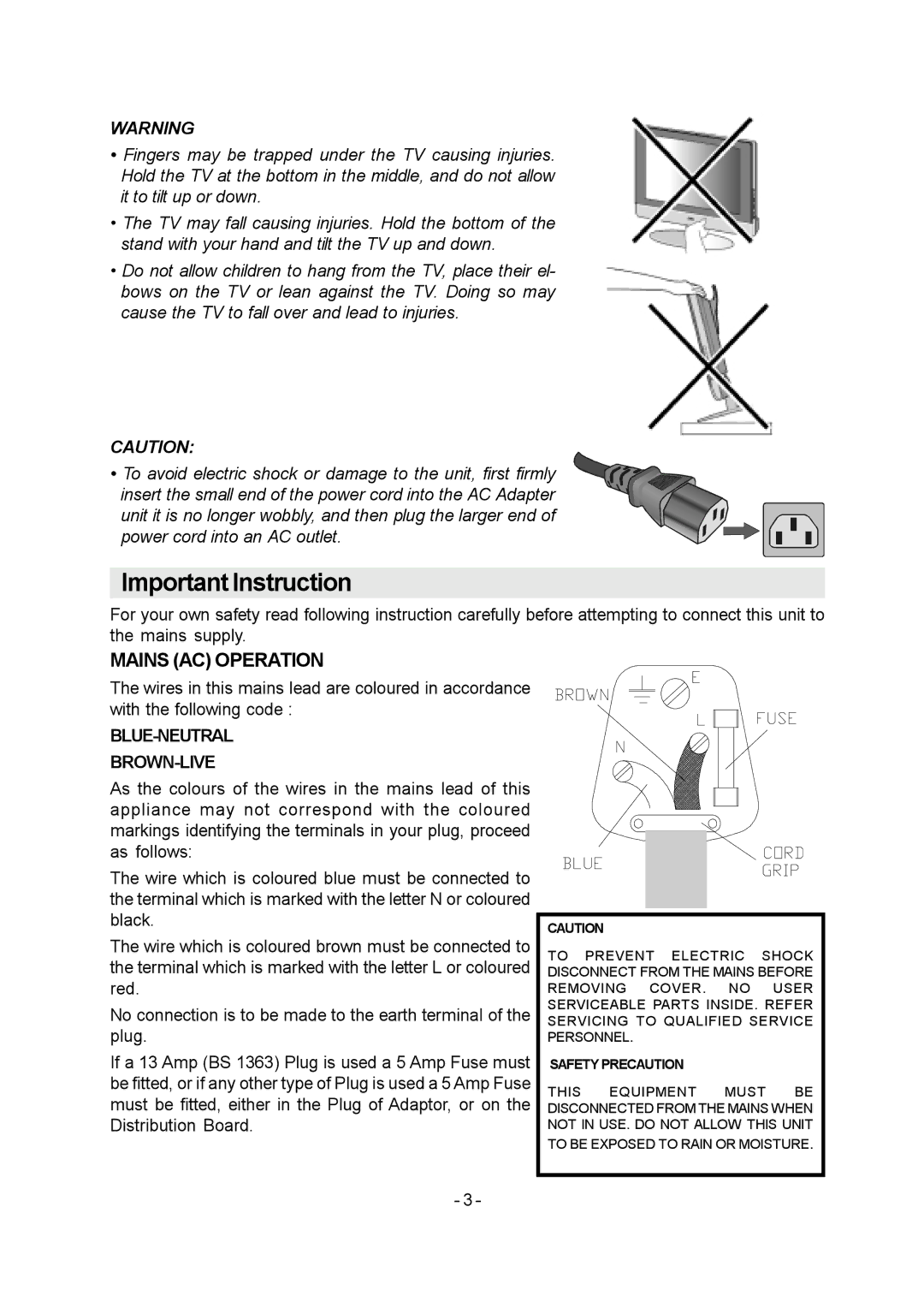 JVC 1004MKH-VT-VT manual Important Instruction, Mains AC Operation 