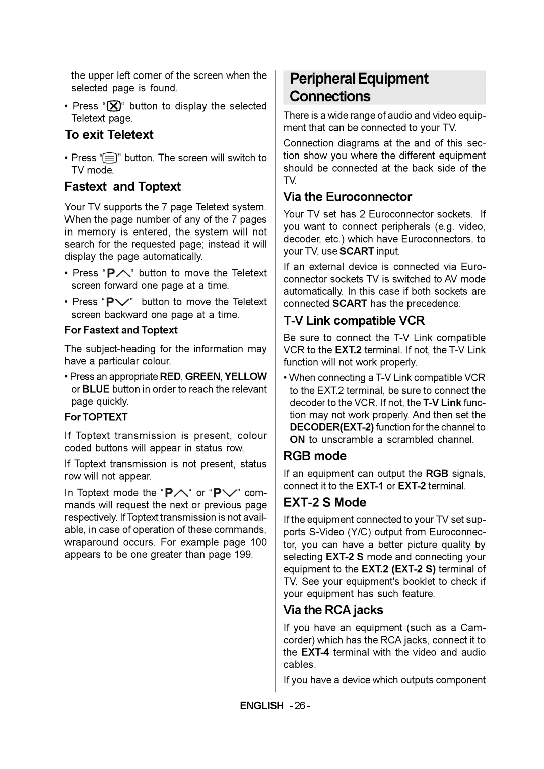 JVC 1004MKH-VT-VT manual PeripheralEquipment, Fastext and Toptext Via the Euroconnector 