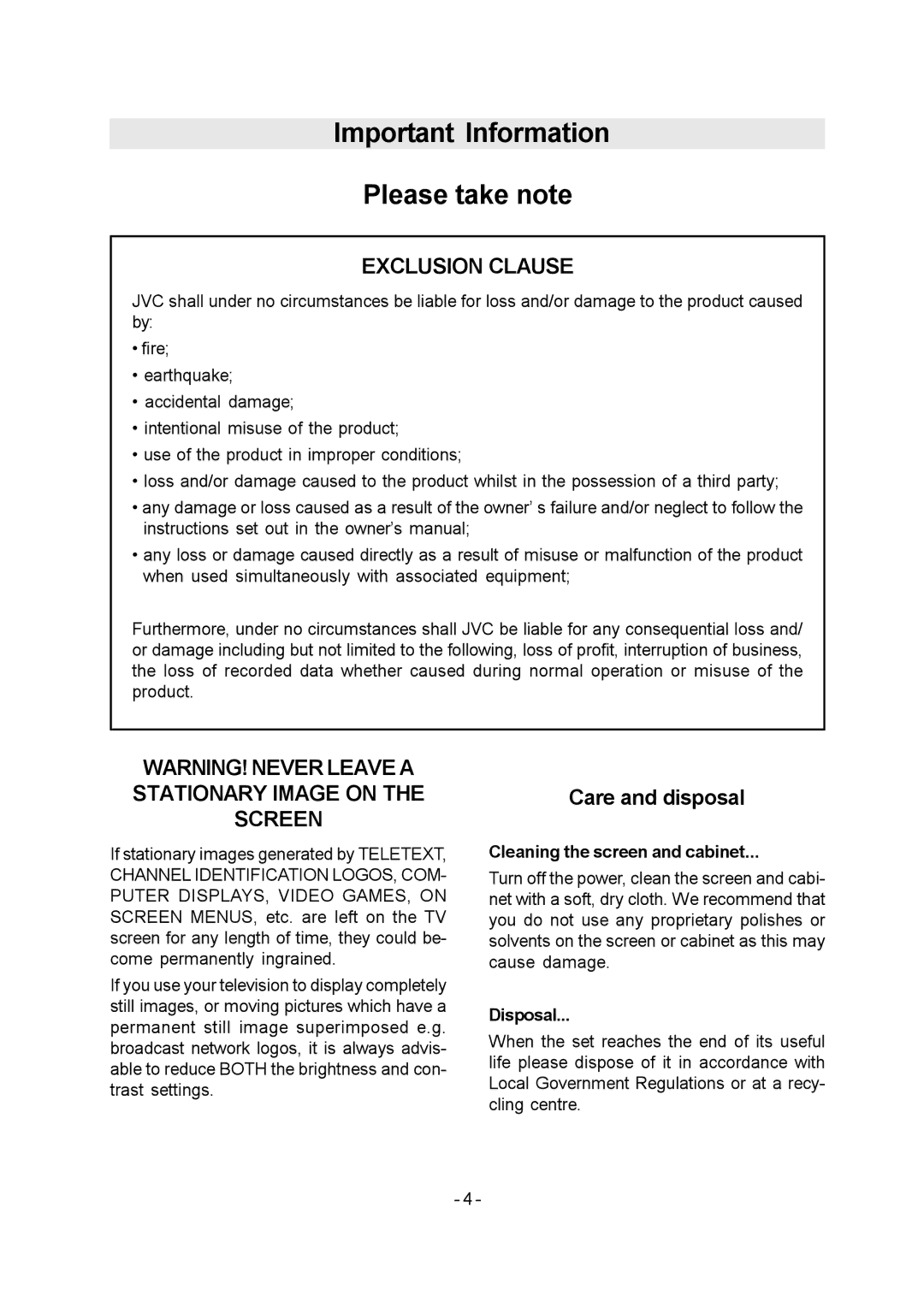 JVC 1004MKH-VT-VT manual Important Information Please take note 