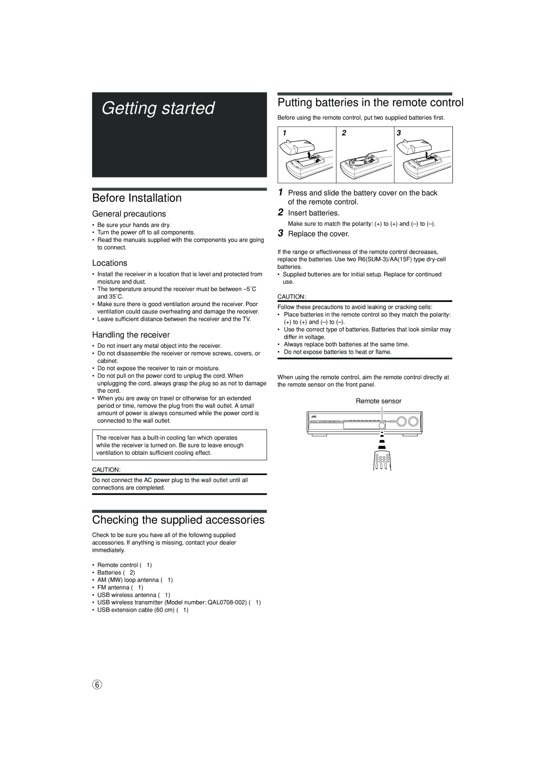 JVC 1105RYMMDWJEIN, LVT1437-001A manual Getting started, Before Installation, Putting batteries in the remote control 