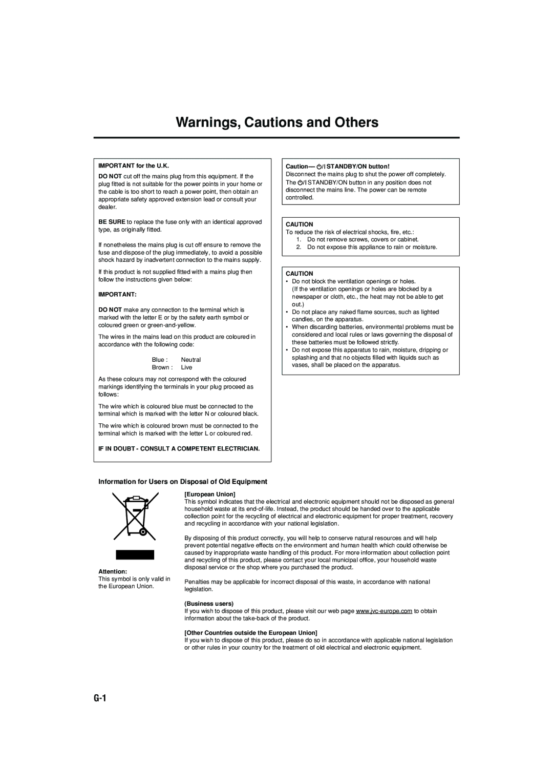 JVC 1105RYMMDWJEIN, LVT1437-001A Information for Users on Disposal of Old Equipment, Important for the U.K, European Union 