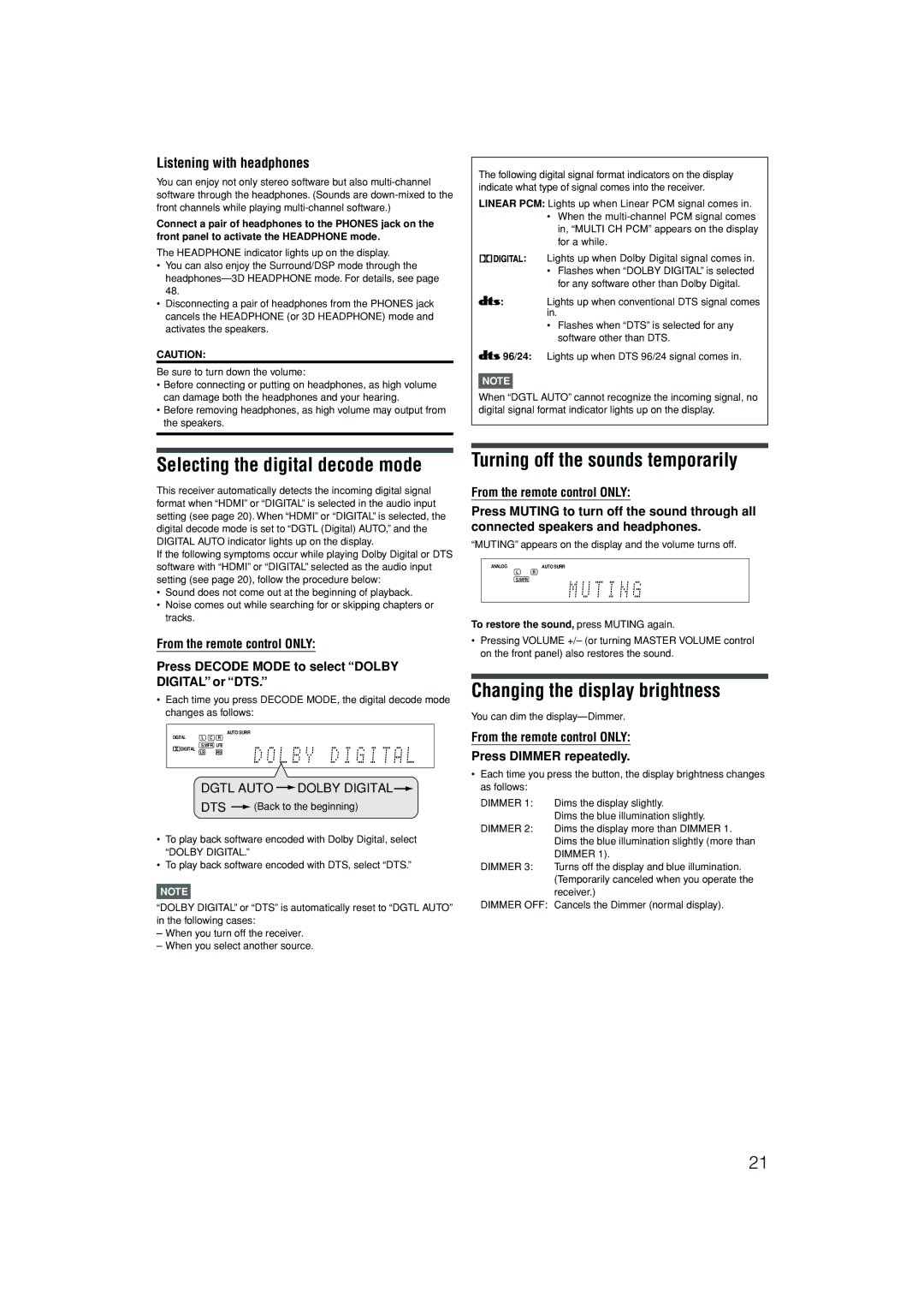 JVC LVT1437-001A Selecting the digital decode mode, Turning off the sounds temporarily, Changing the display brightness 